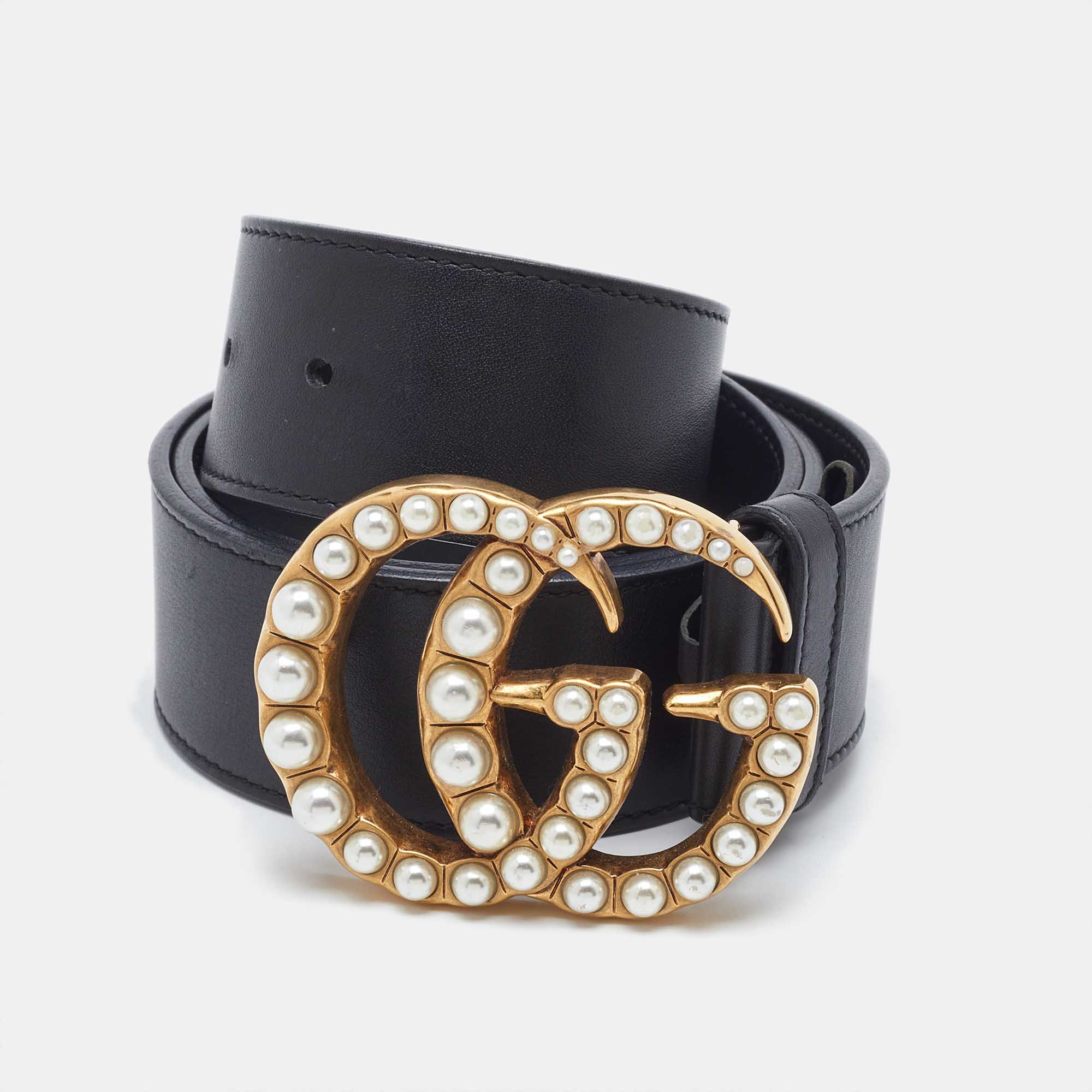 

Gucci Black Leather GG Marmont Pearl Embellished Buckle Belt