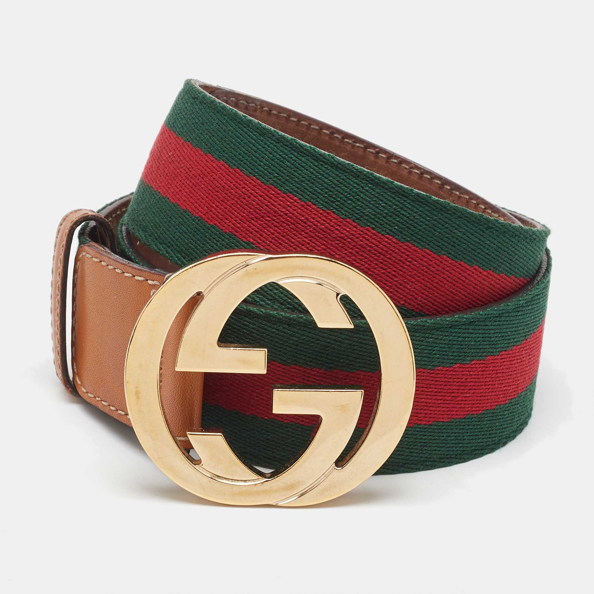 Pre-owned Gucci Tan/green Fabric And Leather Web Interlocking G Buckle Belt 85cm In Brown