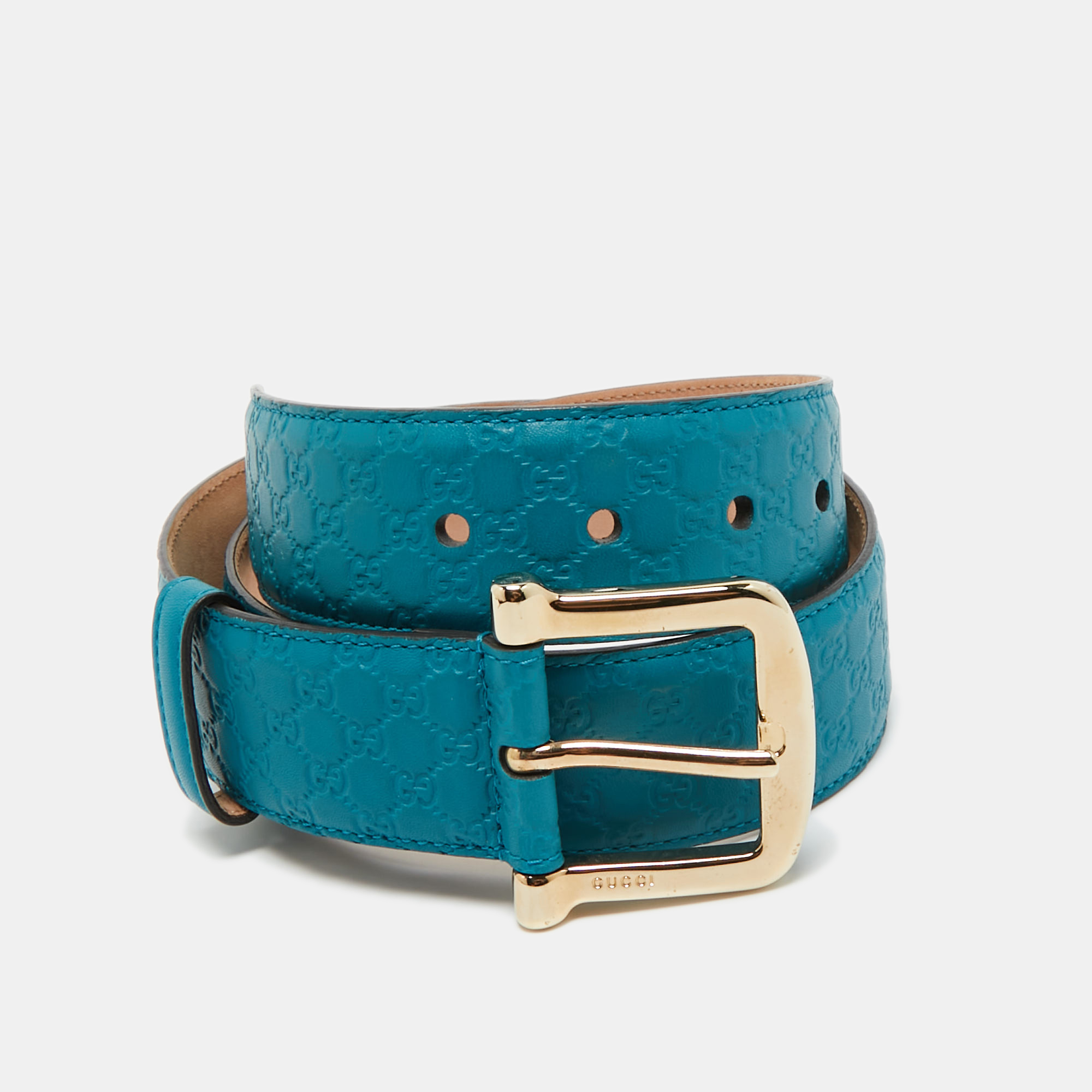 Gucci Teal Green Microguccissima Leather Buckle Belt 80CM