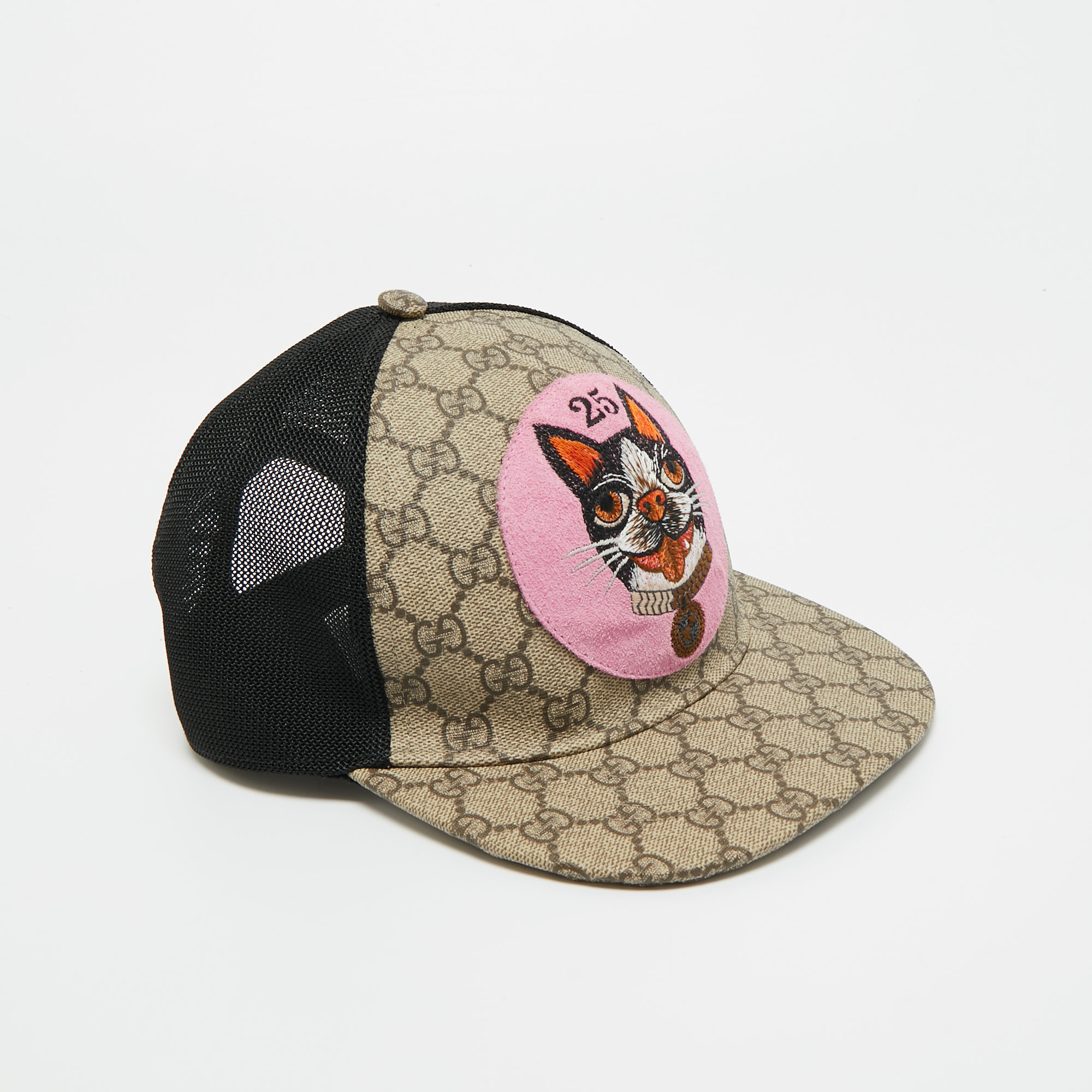 Pre-owned Gucci Beige Gg Supreme Canvas And Mesh Bosco Applique Baseball Cap M In Brown