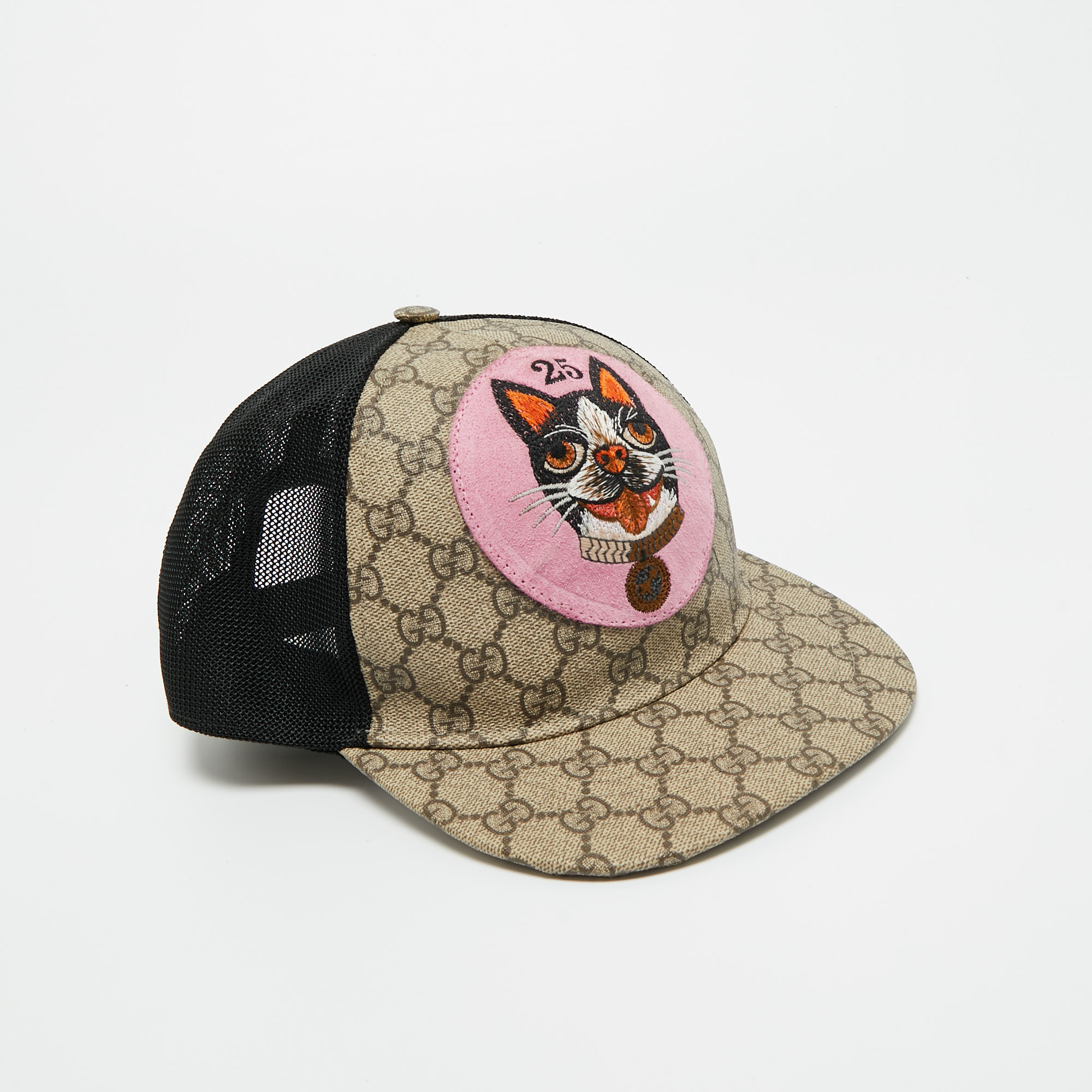 Pre-owned Gucci Beige Gg Supreme Canvas And Mesh Bosco Applique Baseball Cap M In Brown