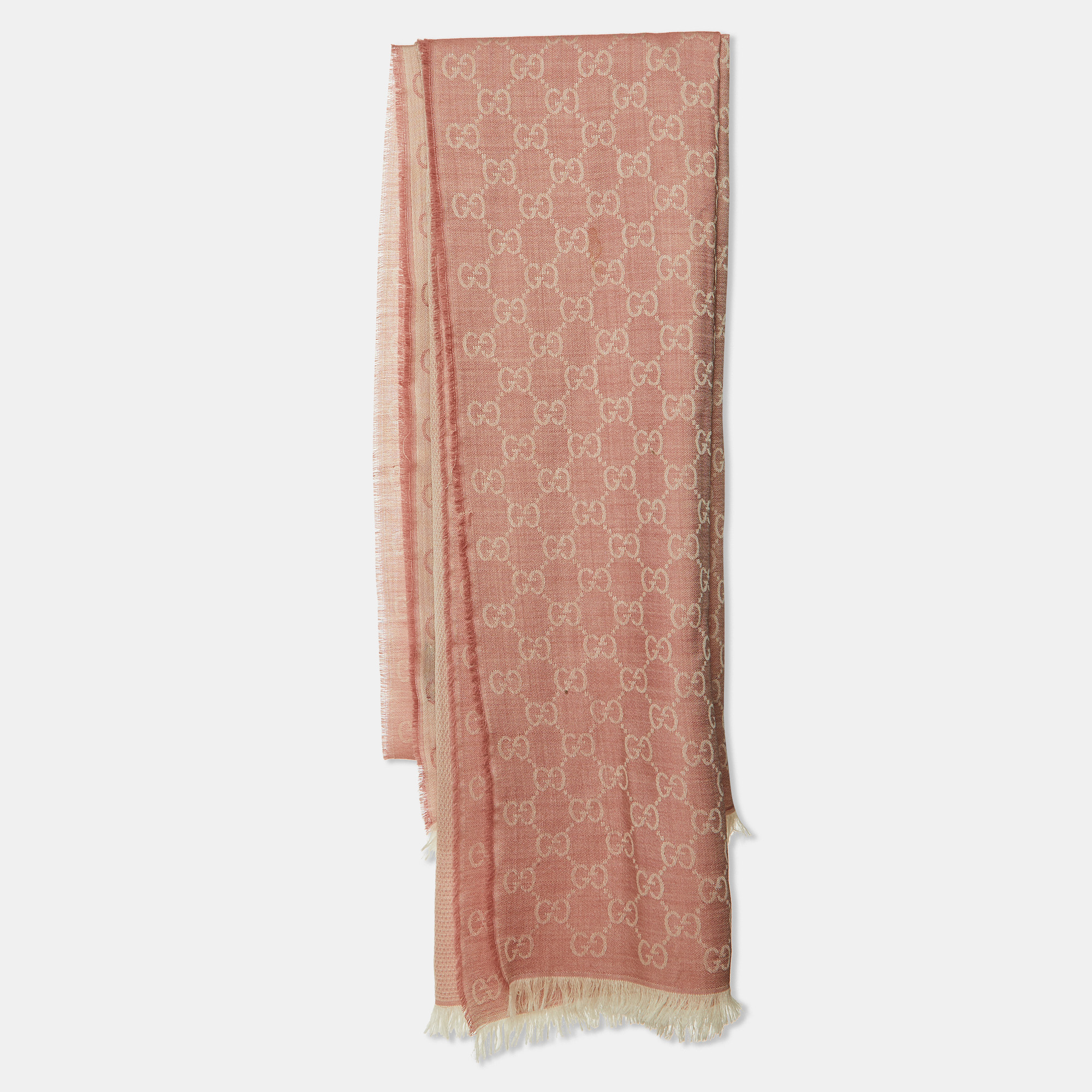 

Gucci Peach GG Jacquard Wool Silk & Wool Scarf, Pink