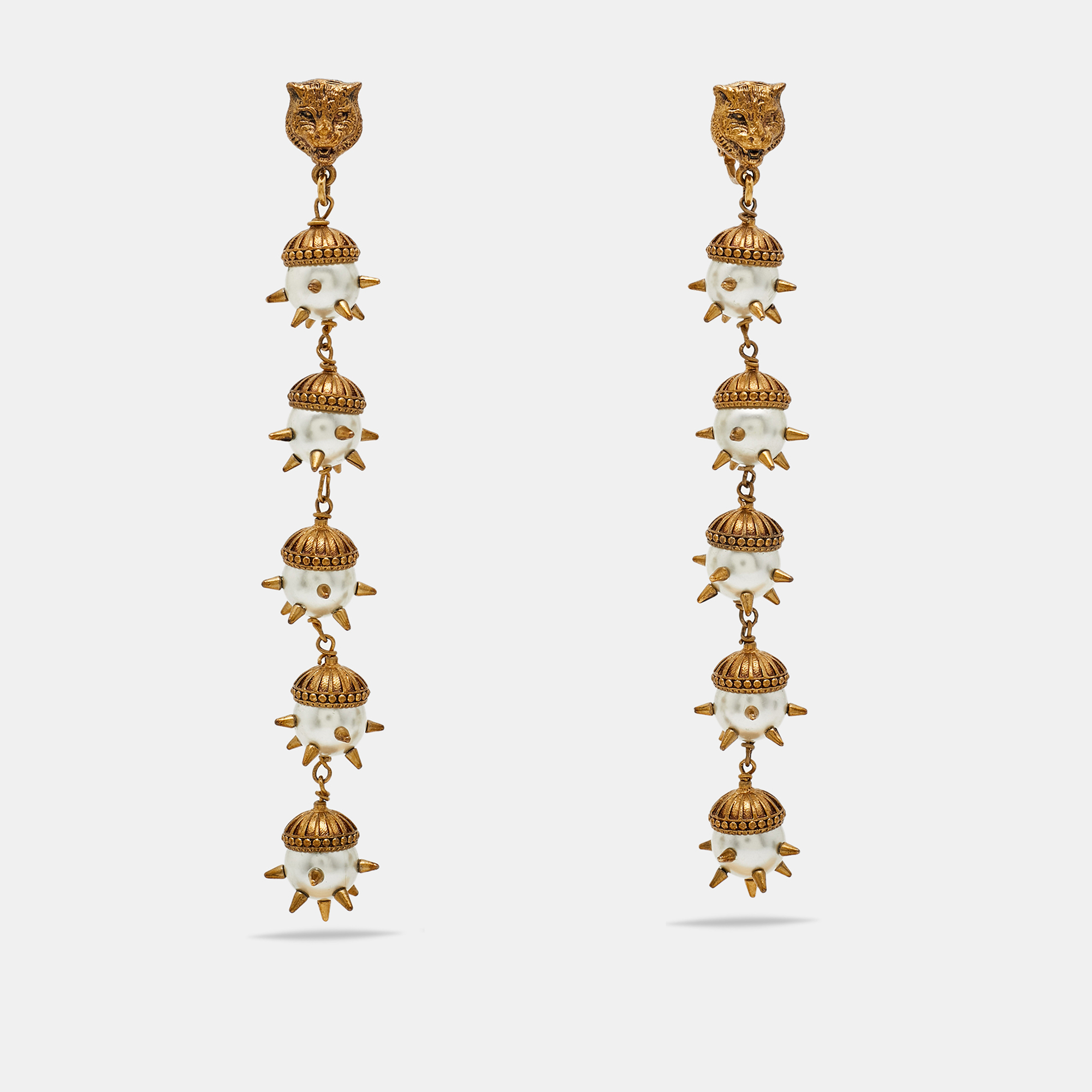 

Gucci Feline Head Spiked Faux Pearl Gold Tone Clip-On Earrings