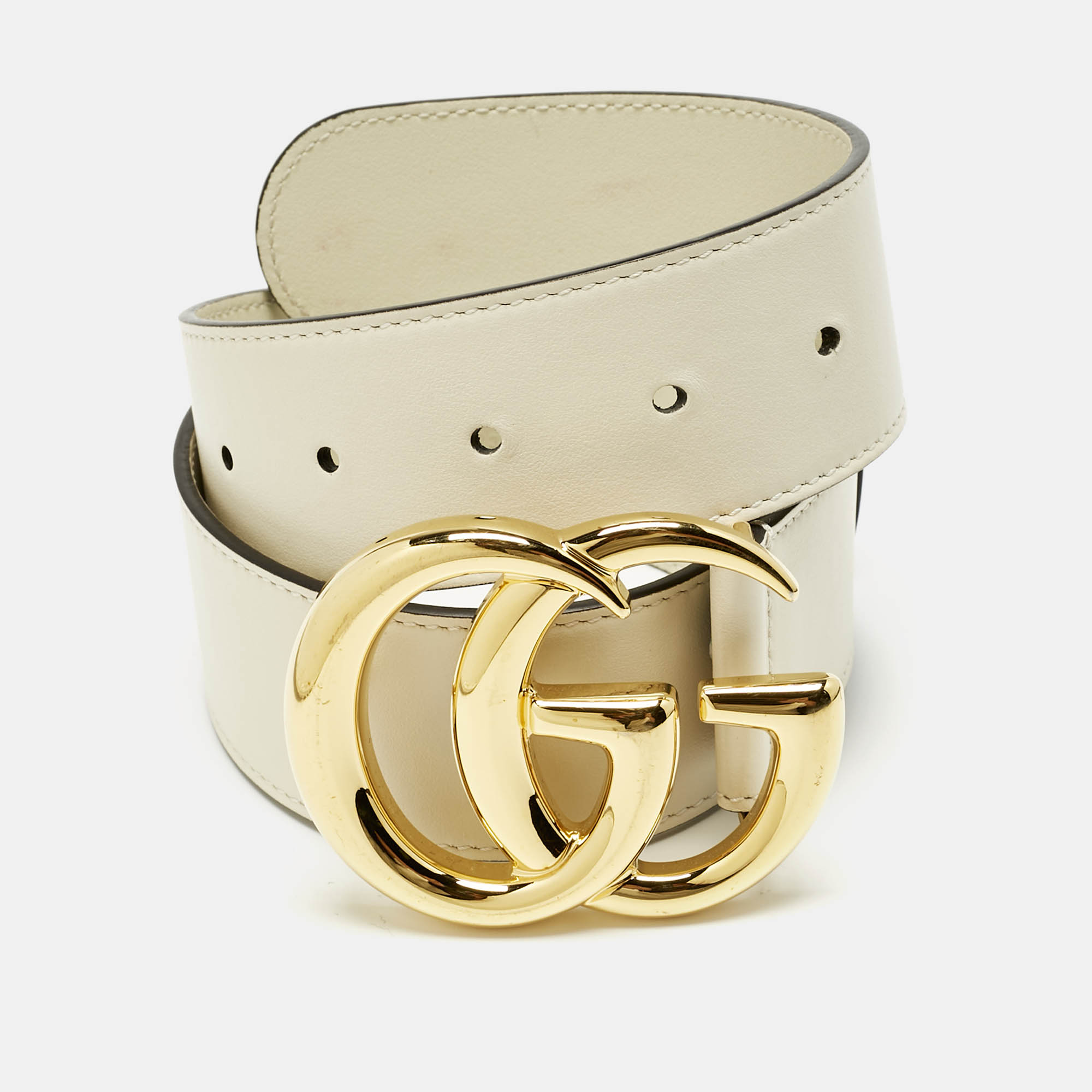 Pre-owned Gucci Off White Leather Gg Marmont Buckle Belt 65 Cm