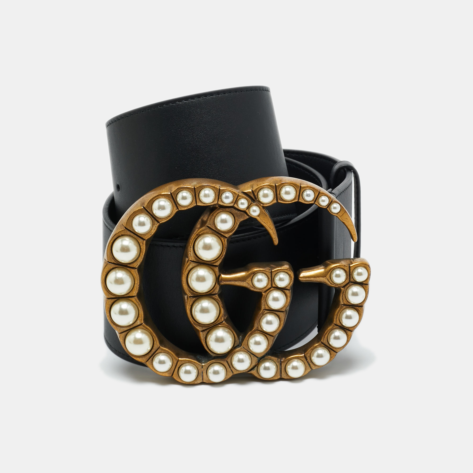 

Gucci Black Leather GG Marmont Pearl Wide Waist Belt 75CM
