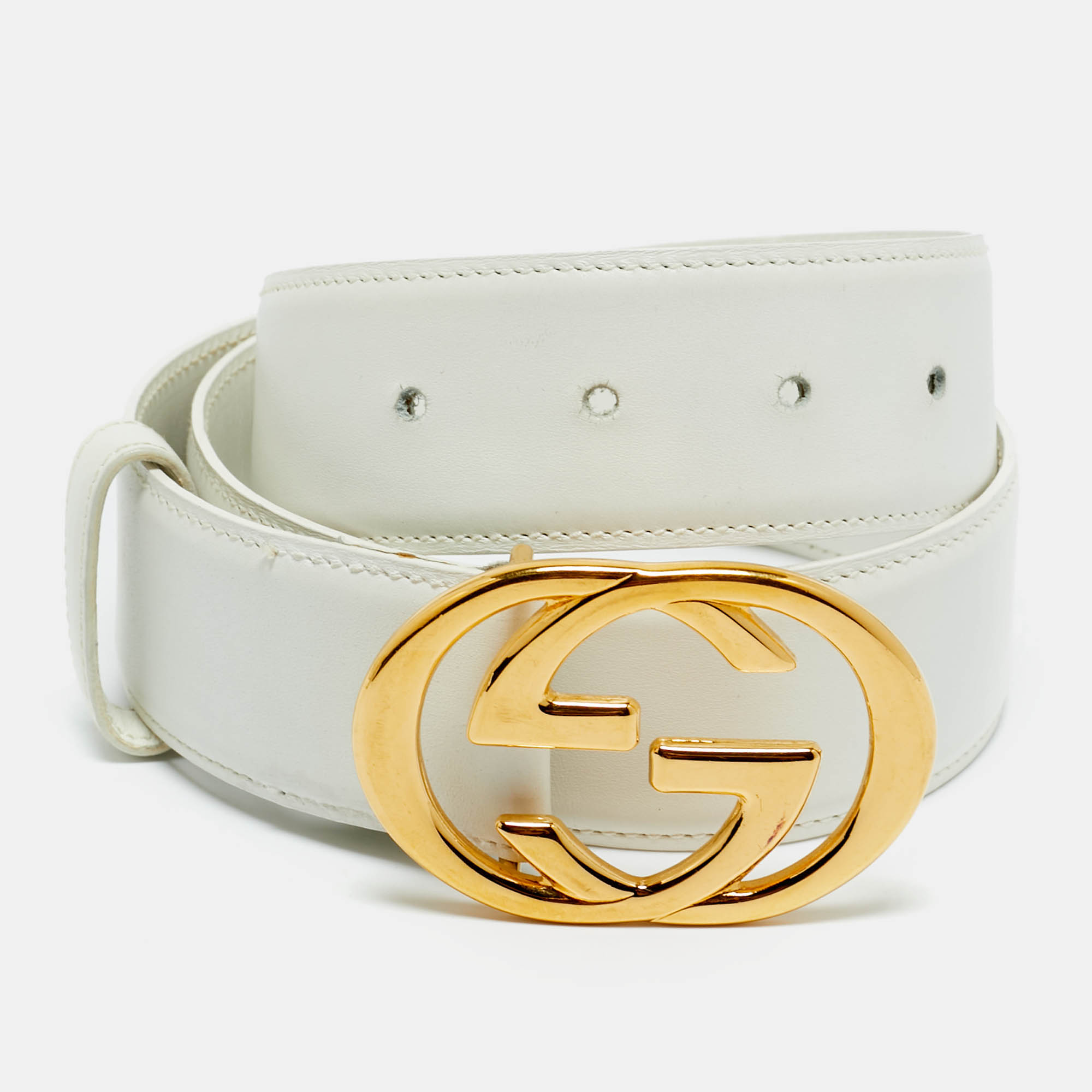 Gucci White Leather Interlocking G Buckle Belt 85CM