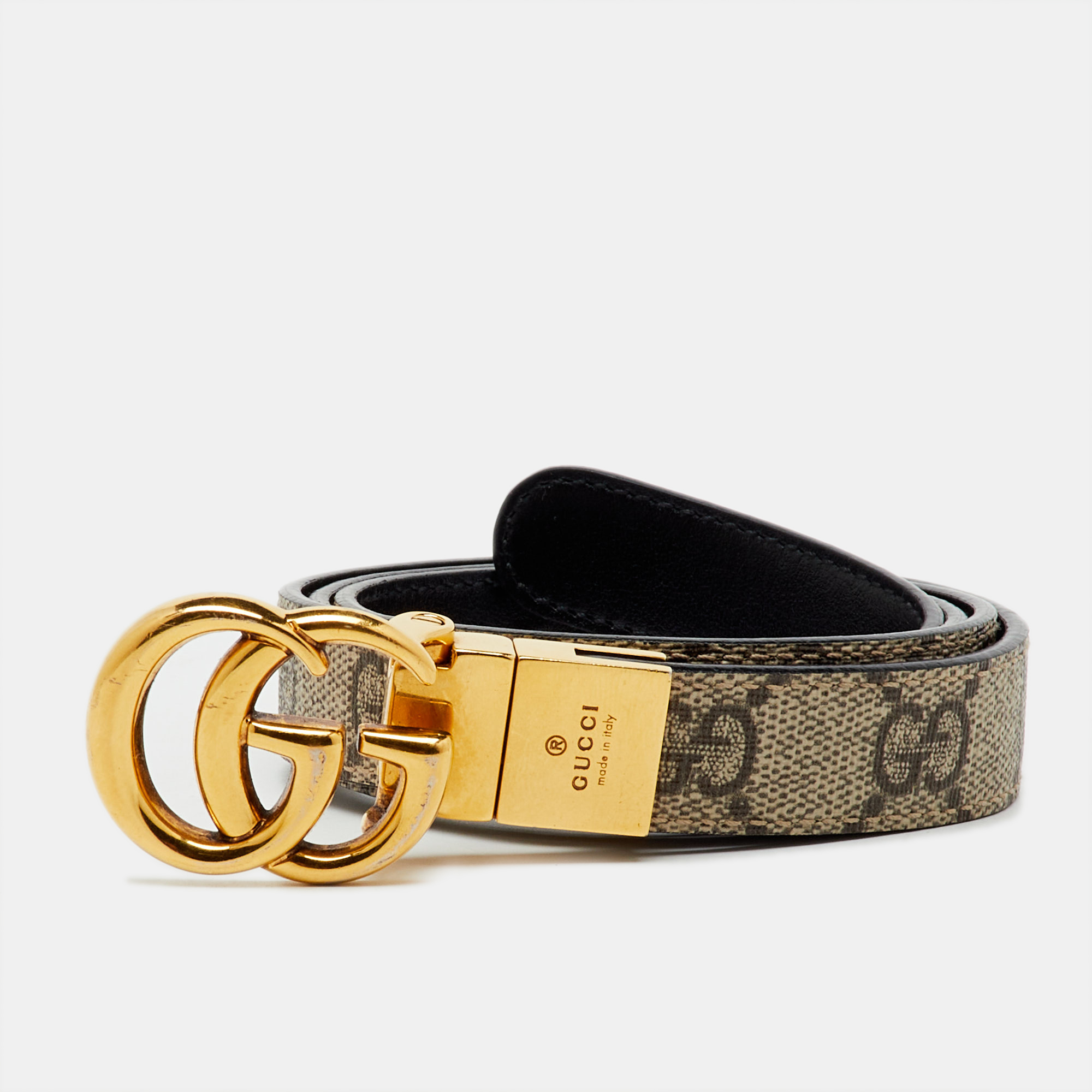 Gucci Beige/Black GG Supreme Canvas and Leather Marmont Thin Reversible Belt 80CM