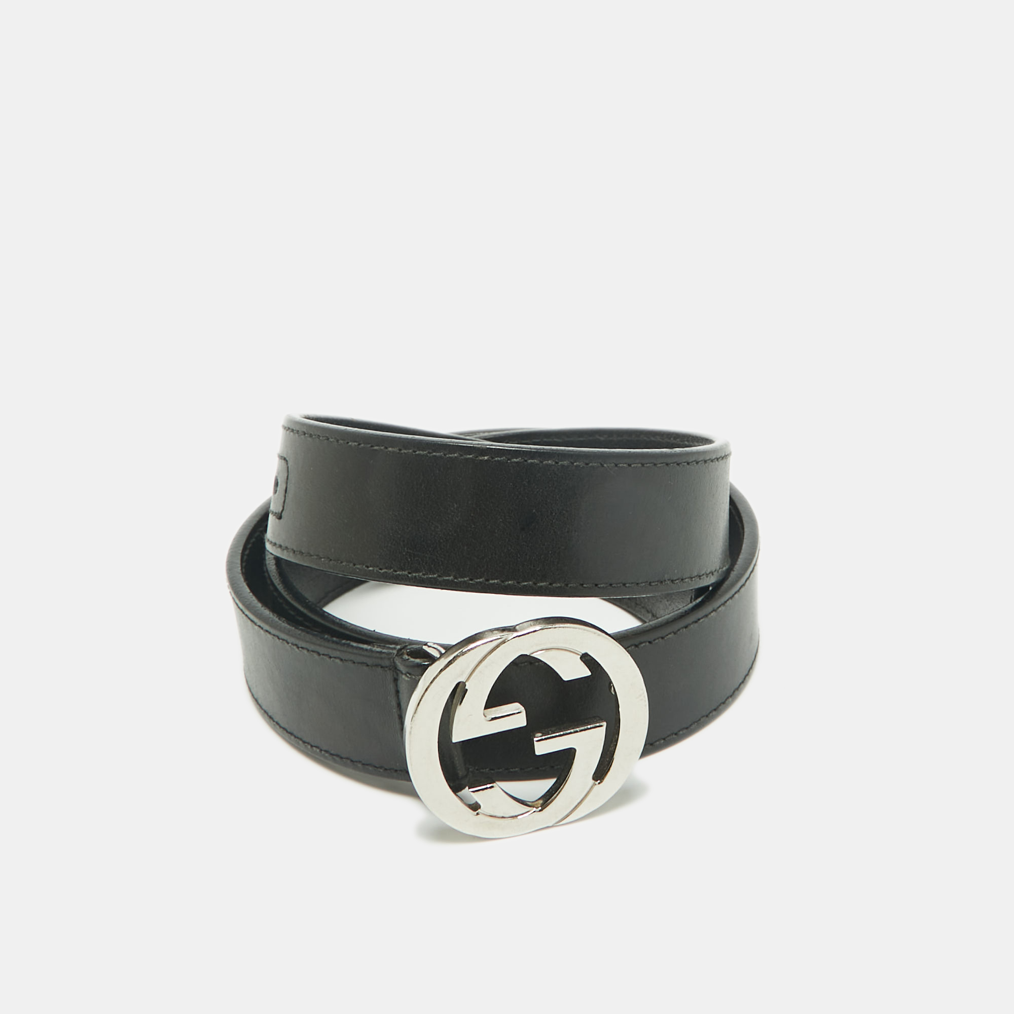 Gucci Black Leather Interlocking G Buckle Belt 80 CM