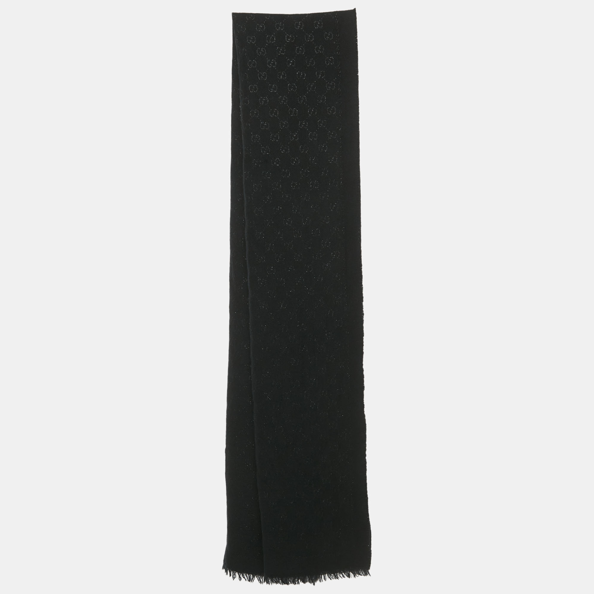 Pre-owned Gucci Black Gg Lamé Wool Scarf
