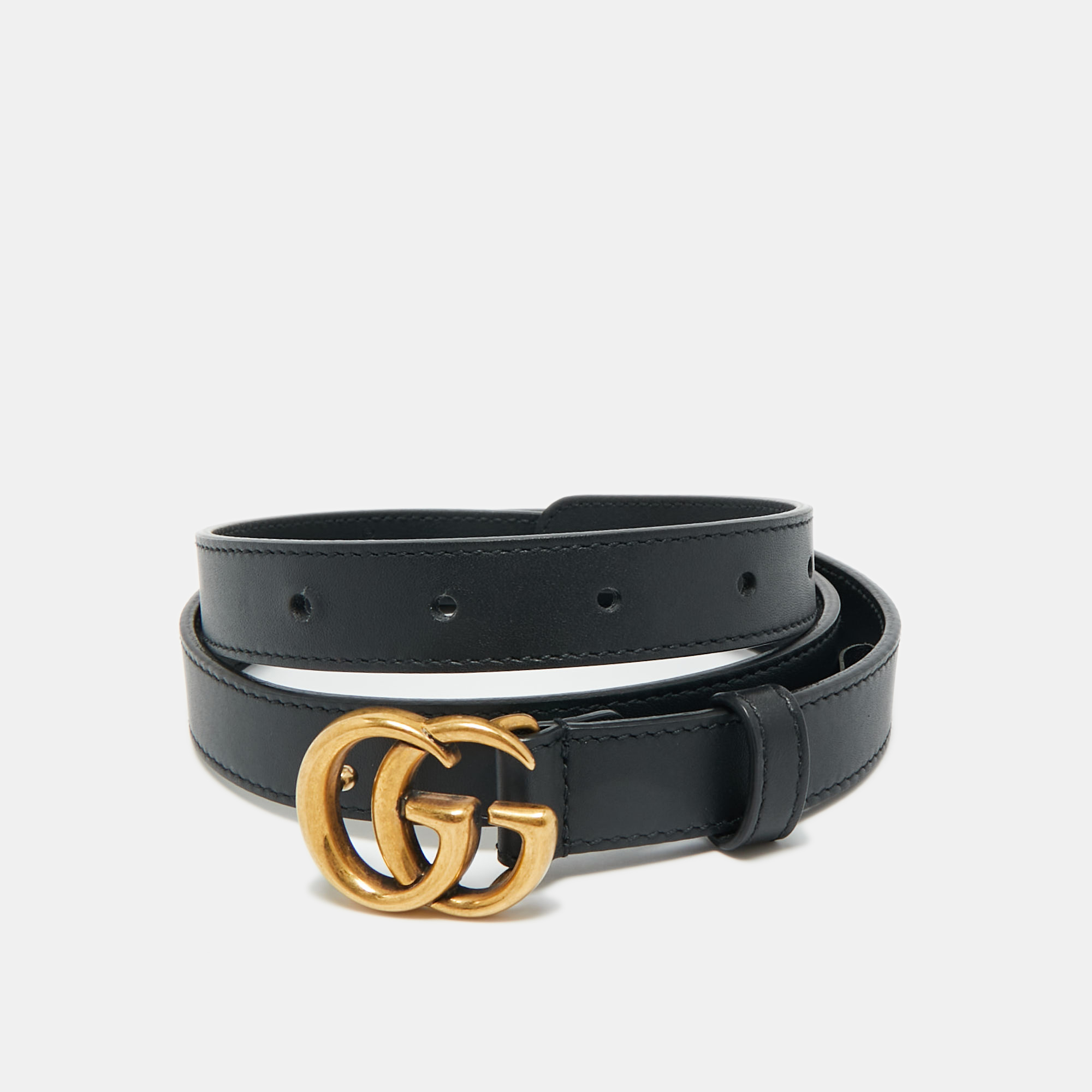 Pre-owned Gucci Black Leather Gg Marmont Slim Belt 80cm