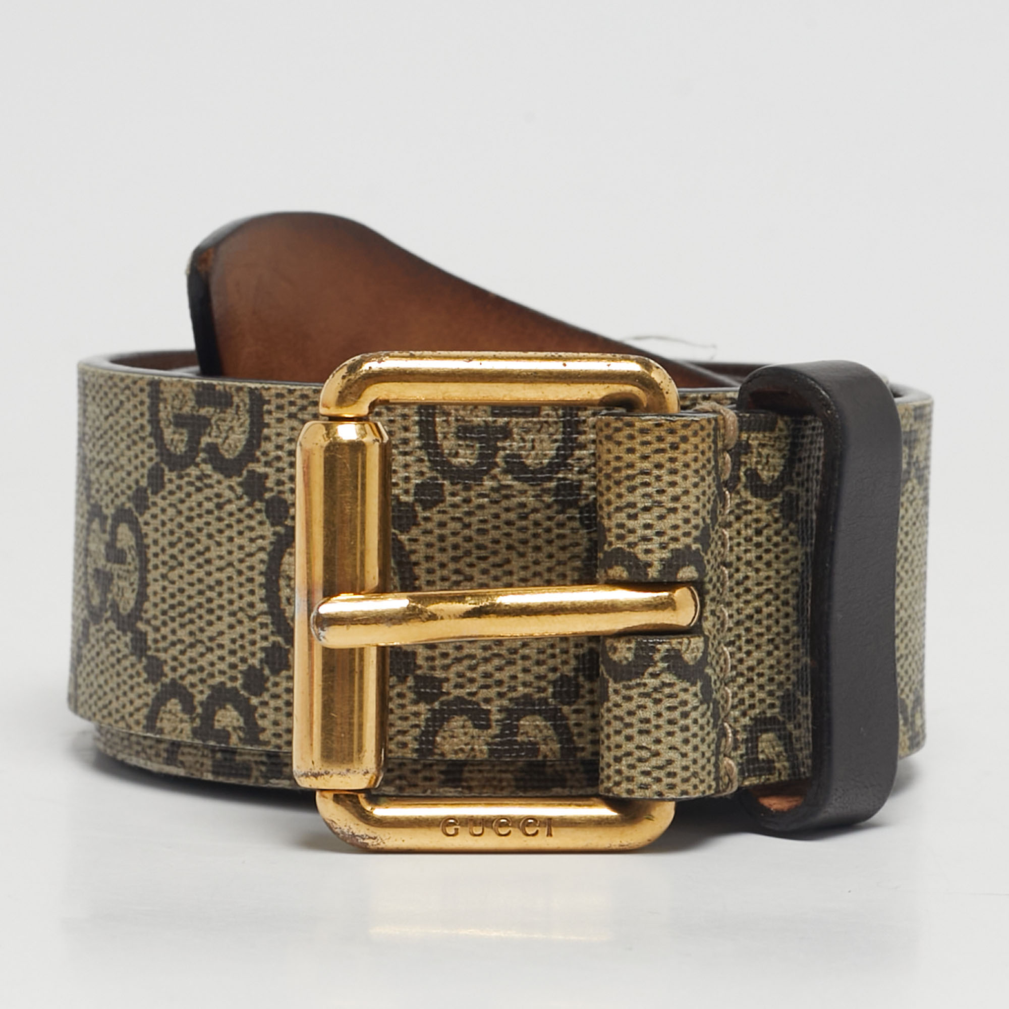 

Gucci Beige GG Supreme Canvas Tiger Print Buckle Belt 90CM
