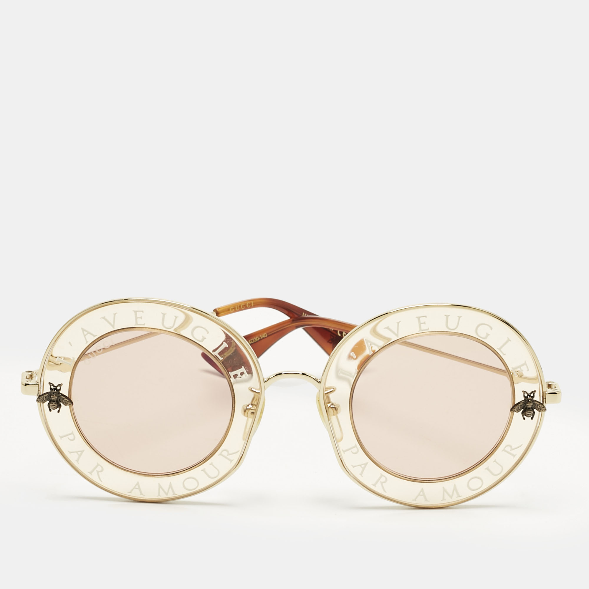 

Gucci Yellow/Pink L'aveugle Par Amour GG0113S Round Sunglasses, Gold