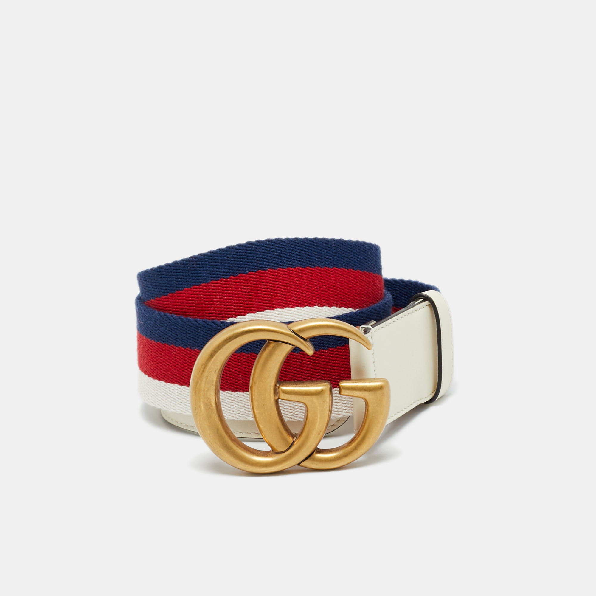 Pre-owned Gucci White Web Canvas And Leather Gg Marmont Belt 80cm