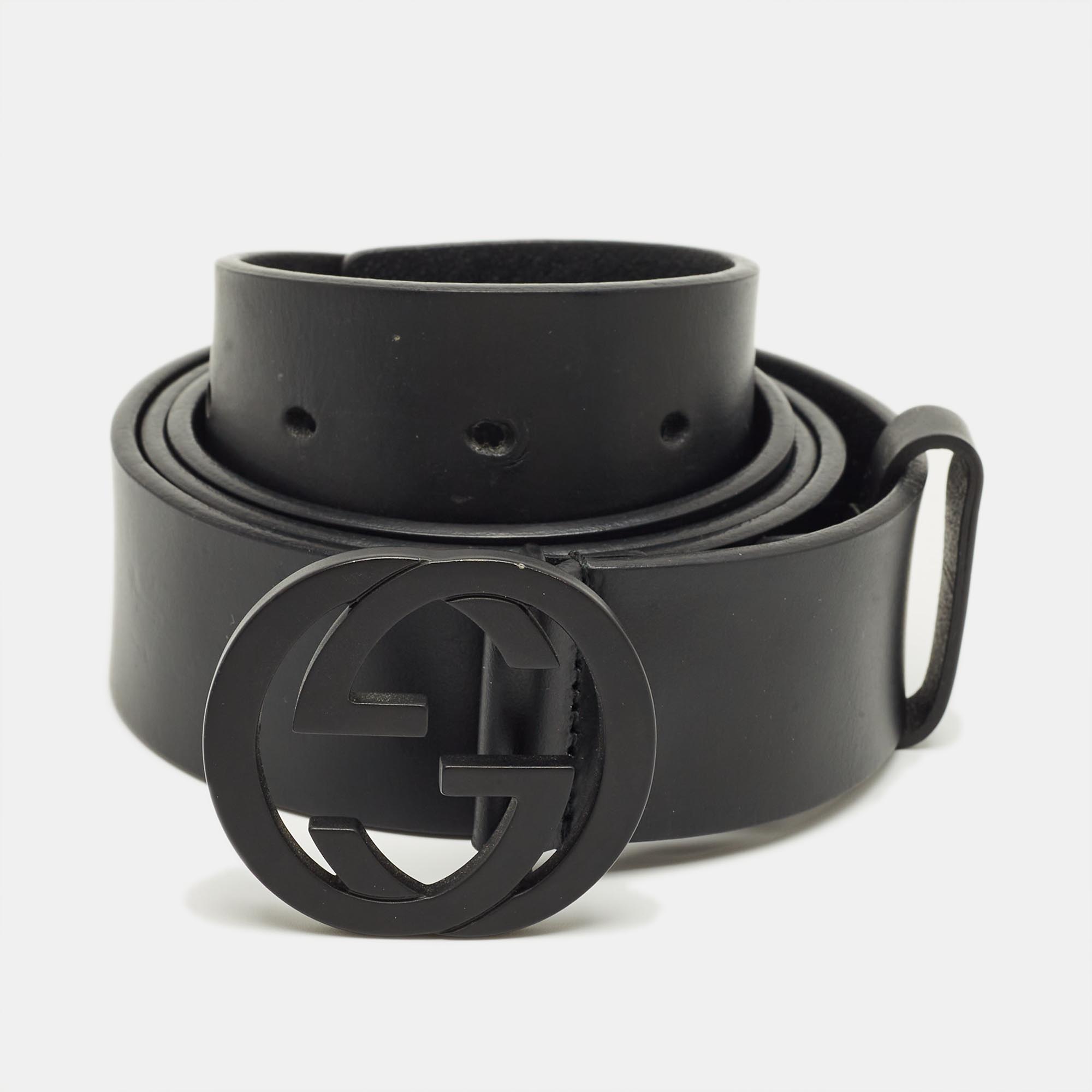 

Gucci Black Leather Interlocking G Buckle Belt 110CM
