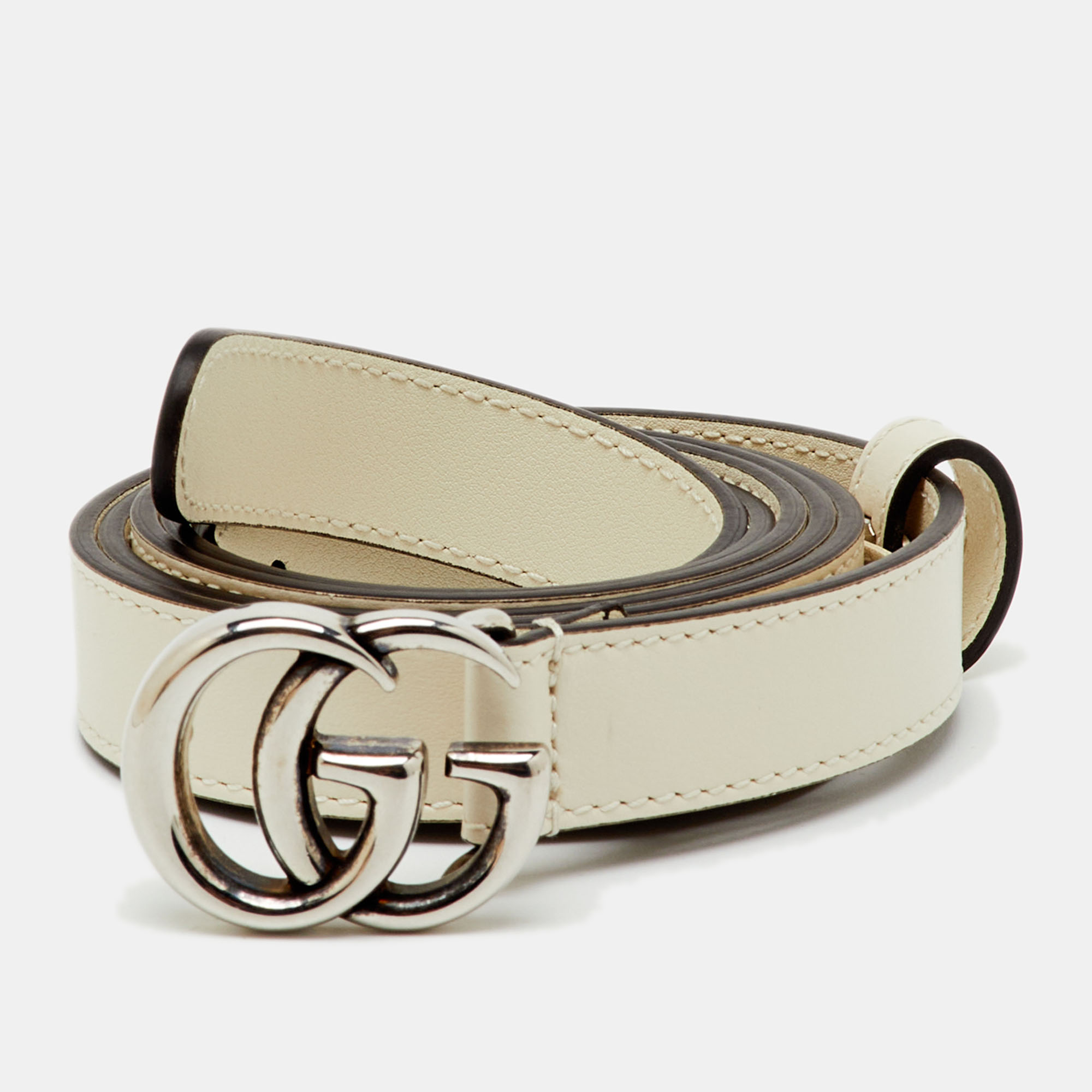 

Gucci Ivory Leather GG Marmont Slim Buckle Belt 110CM, White