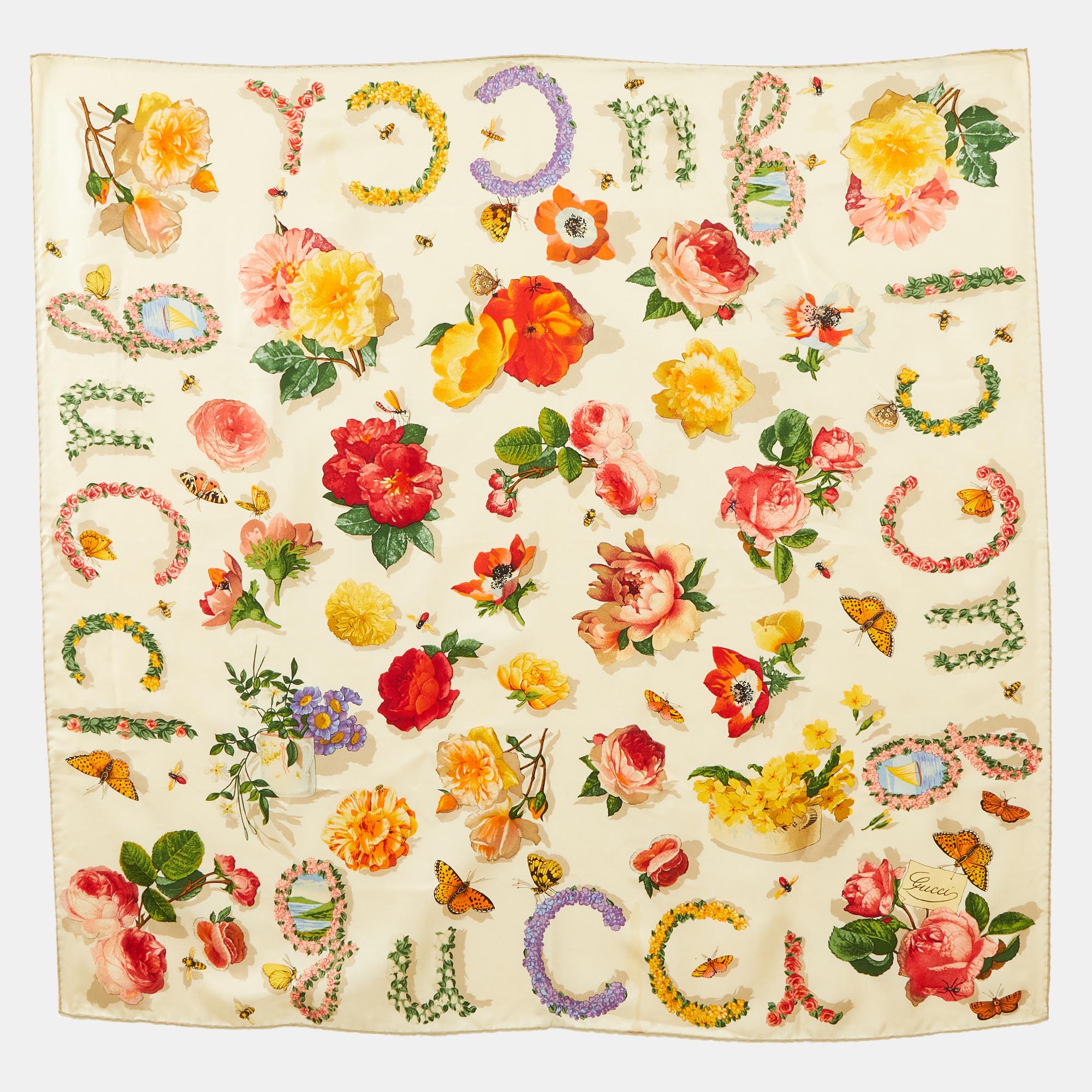 

Gucci Light Beige Floral Butterfly Print Silk Scarf