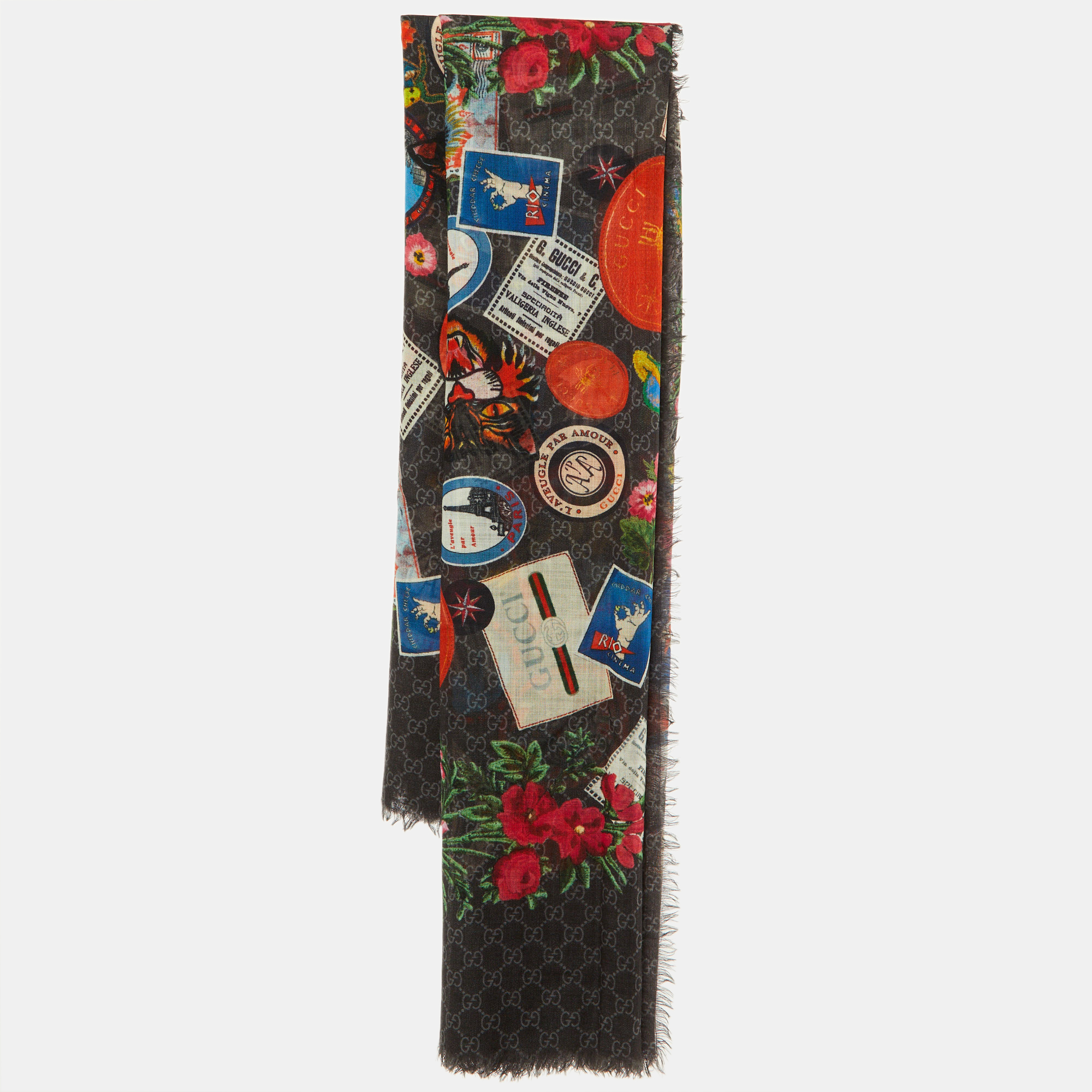 

Gucci Grey Monogram Courrier Wool Fringed Shawl