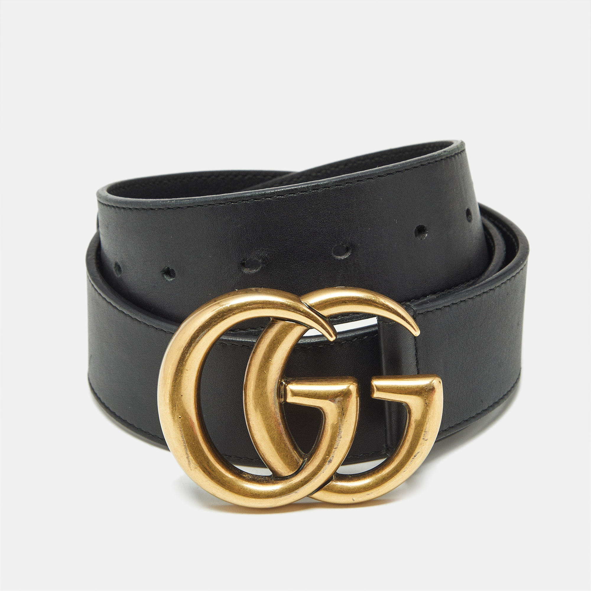 Pre-owned Gucci Black Leather Gg Marmont Buckle Belt 80 Cm