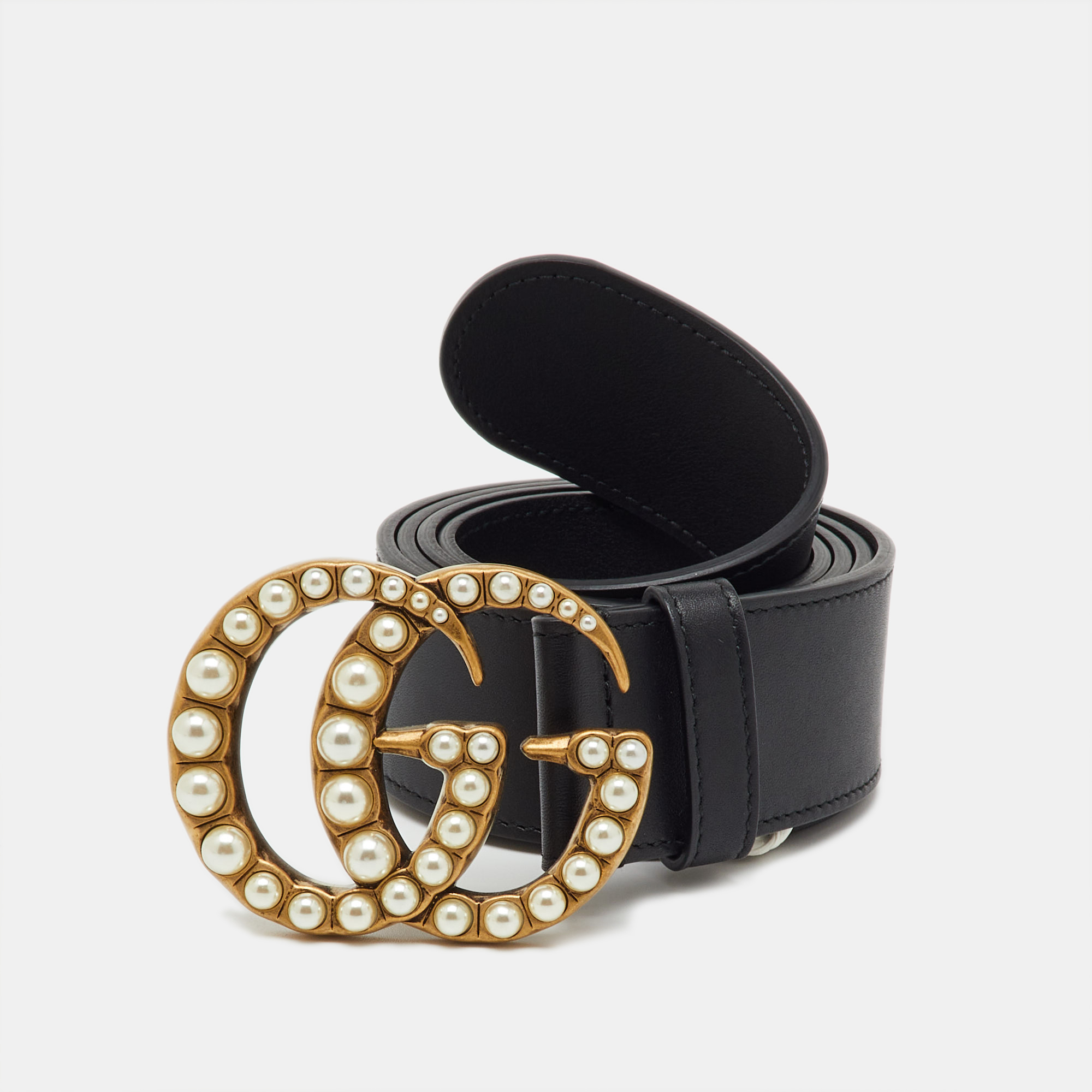 Pre-owned Gucci Black Leather Pearl Embellished Gg Marmont Belt 95cm