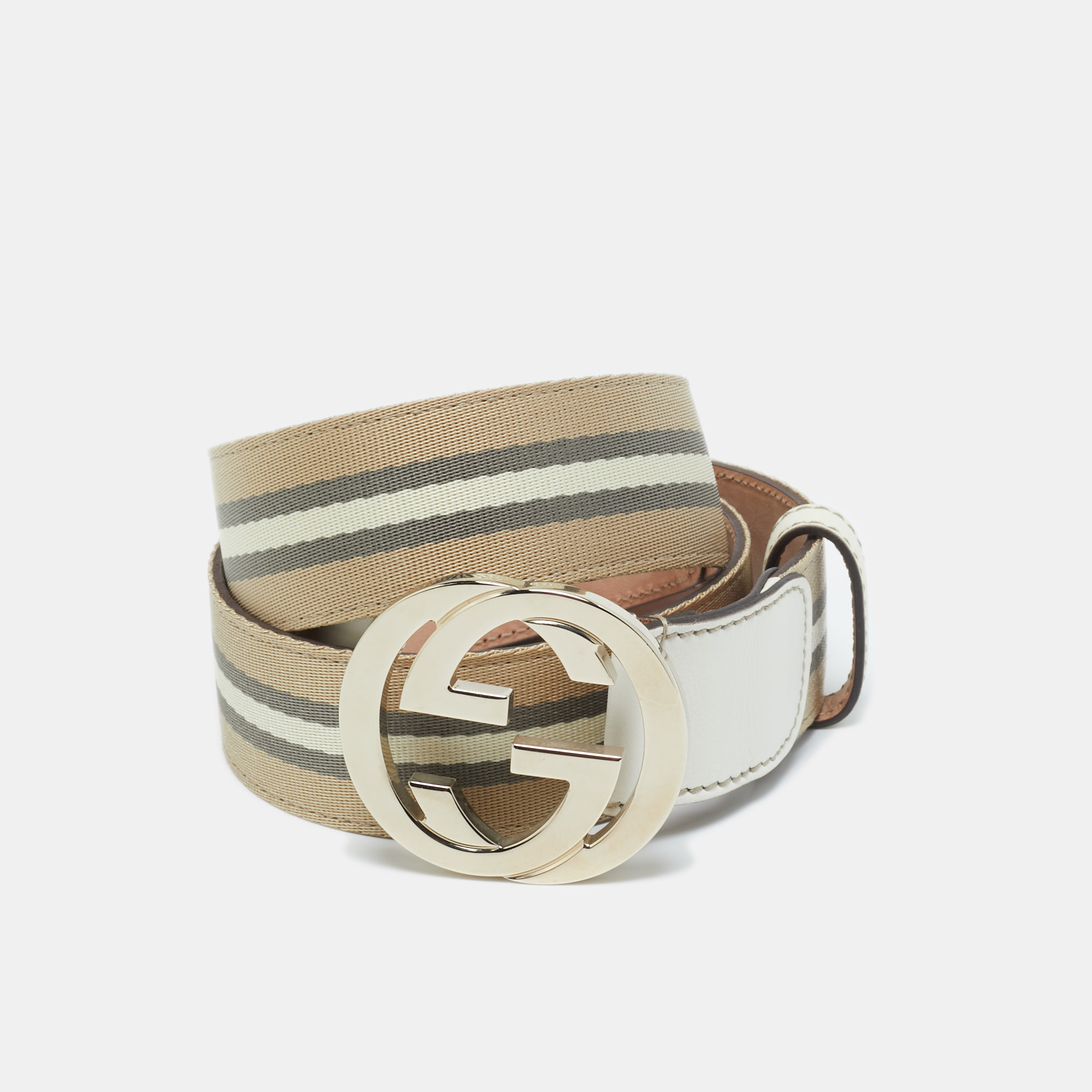 

Gucci Beige/White Web Canvas and Leather Interlocking G Buckle Belt 90CM