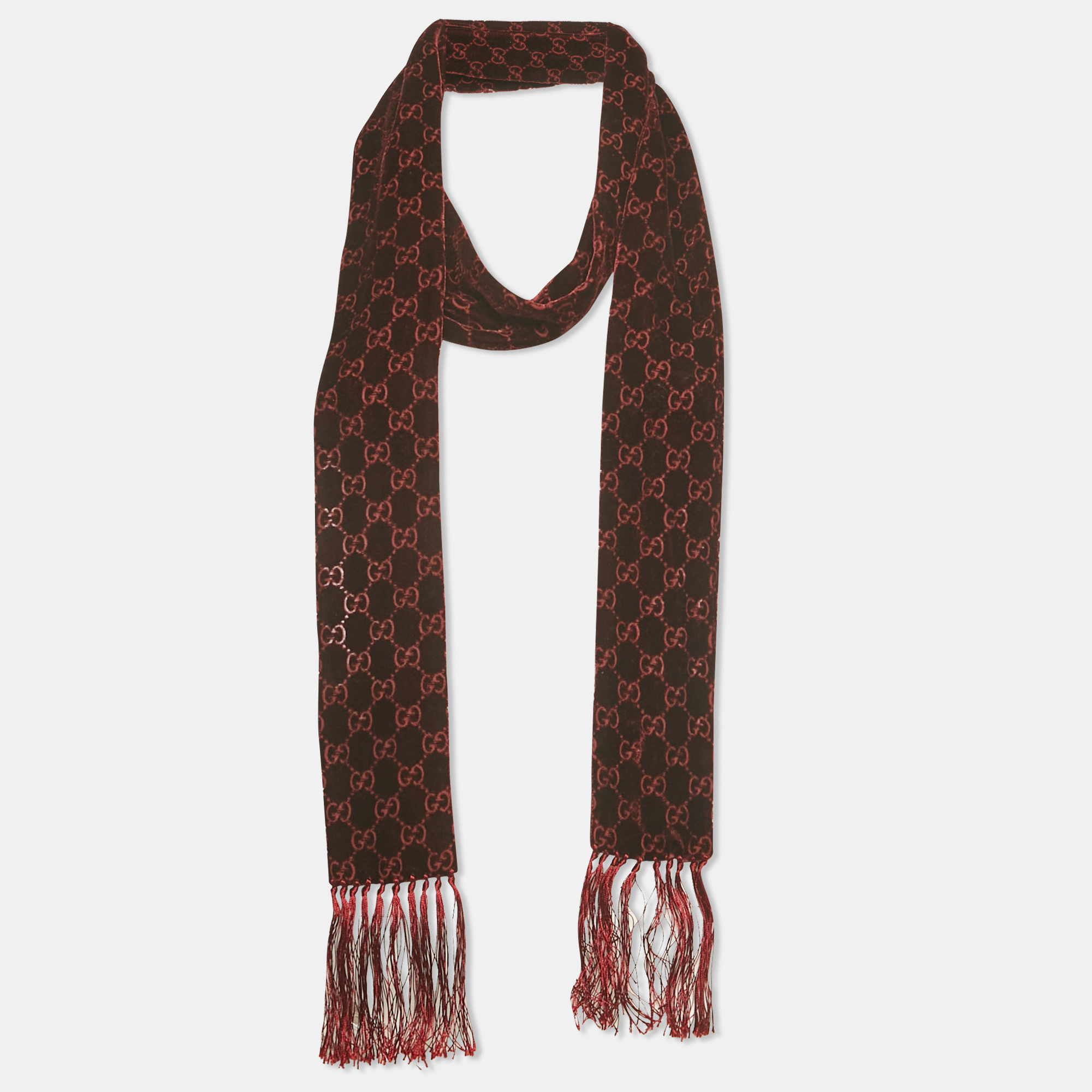 Pre-owned Gucci Burgundy Monogram Velvet Fringed Thin Scarf
