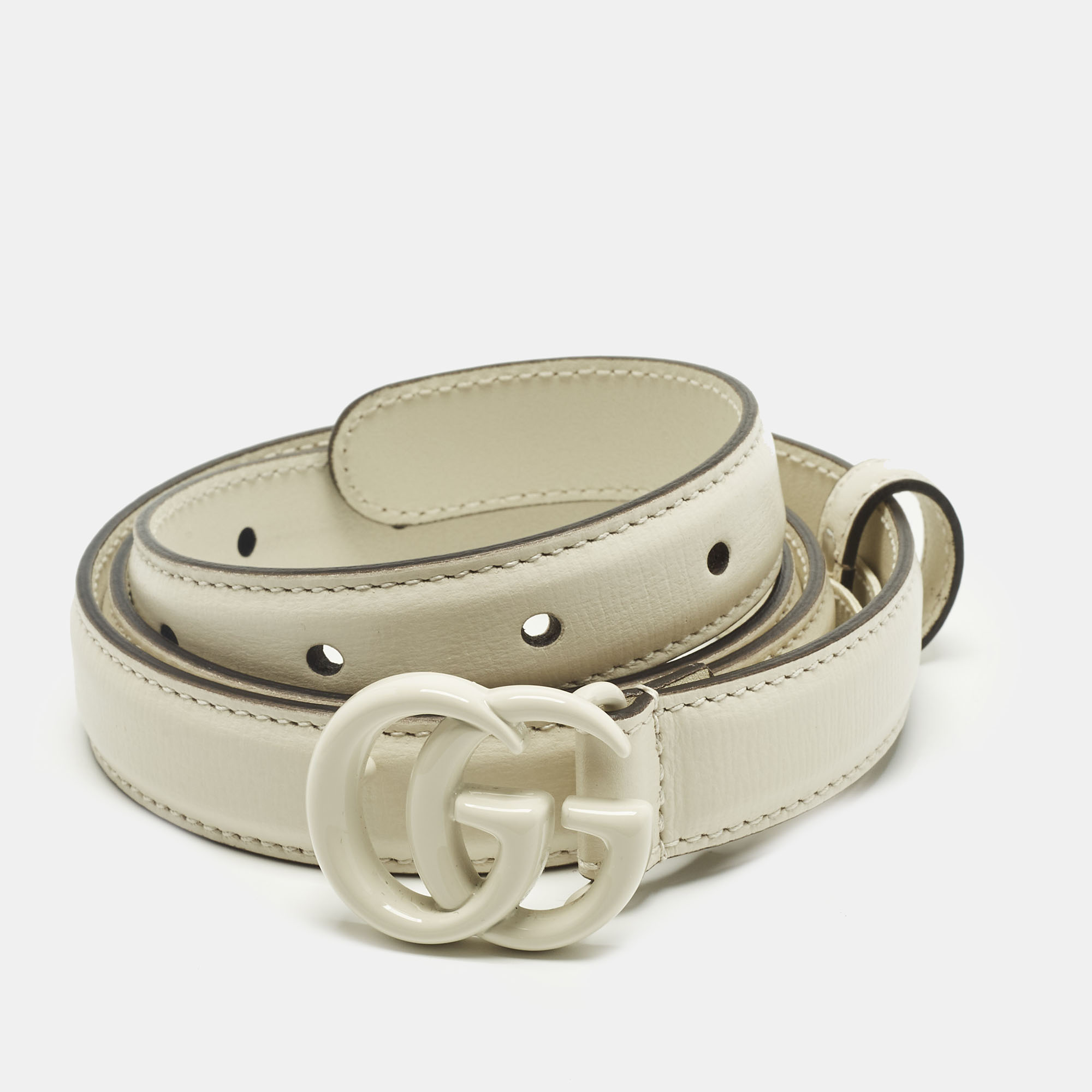 Pre-owned Gucci Off White Leather Gg Marmont Slim Belt 85cm