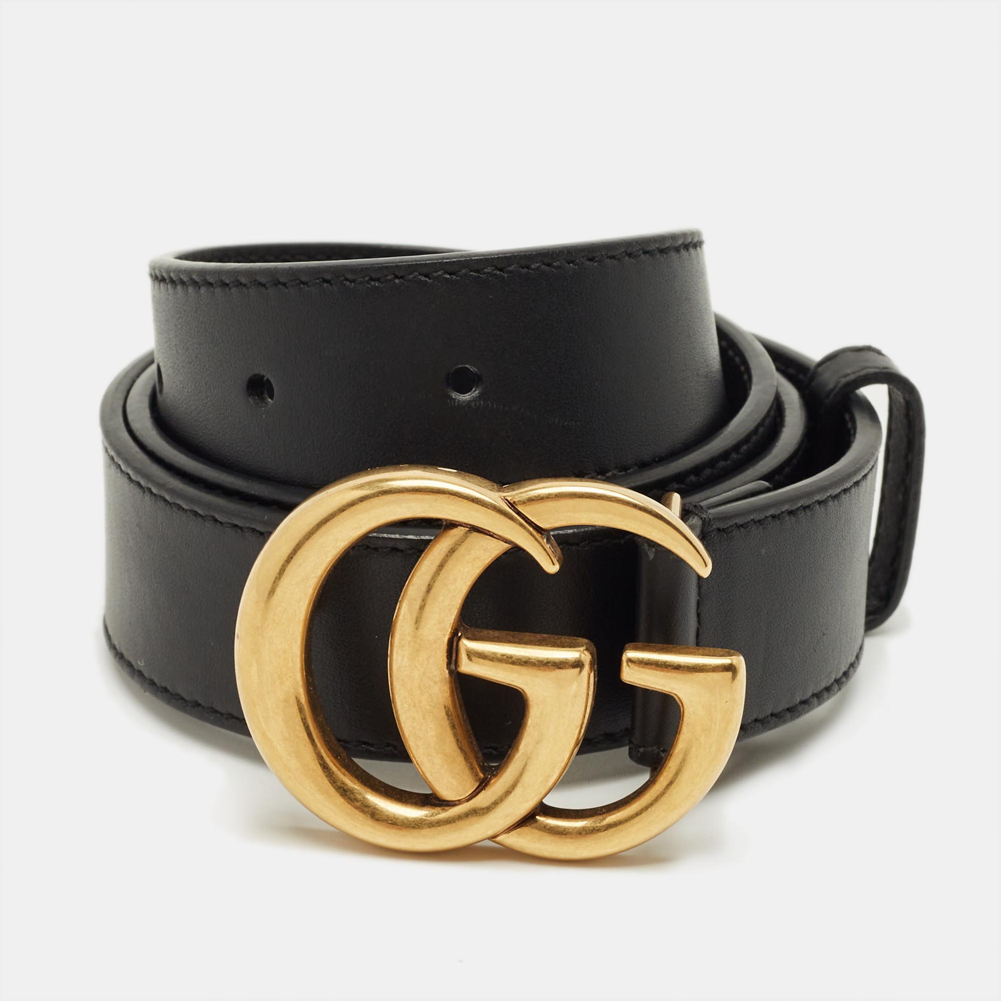 Pre-owned Gucci Black Leather Gg Marmont Buckle Belt 75 Cm