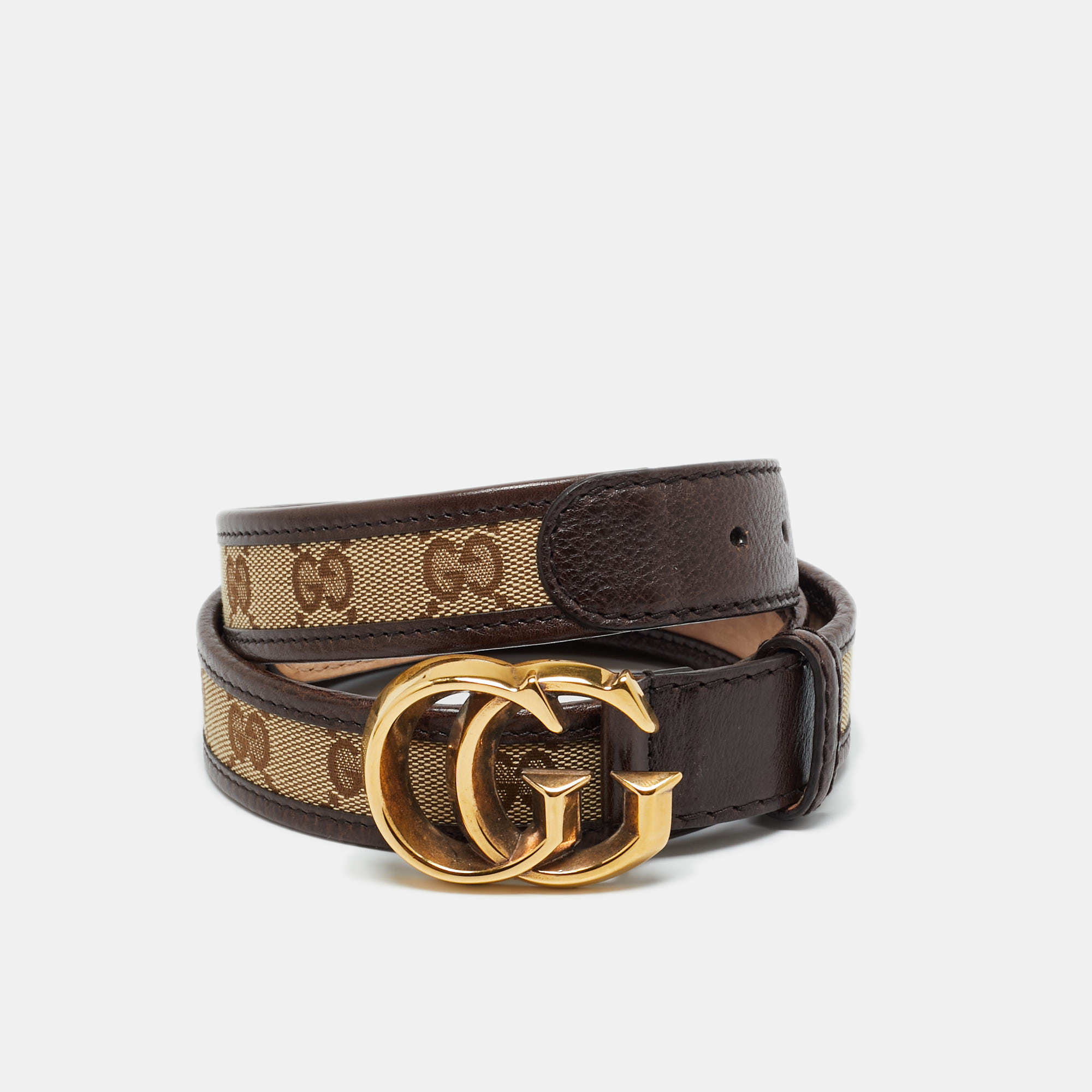 Pre-owned Gucci Brown/beige Gg Canvas And Leather Double G Buckle Belt 90cm