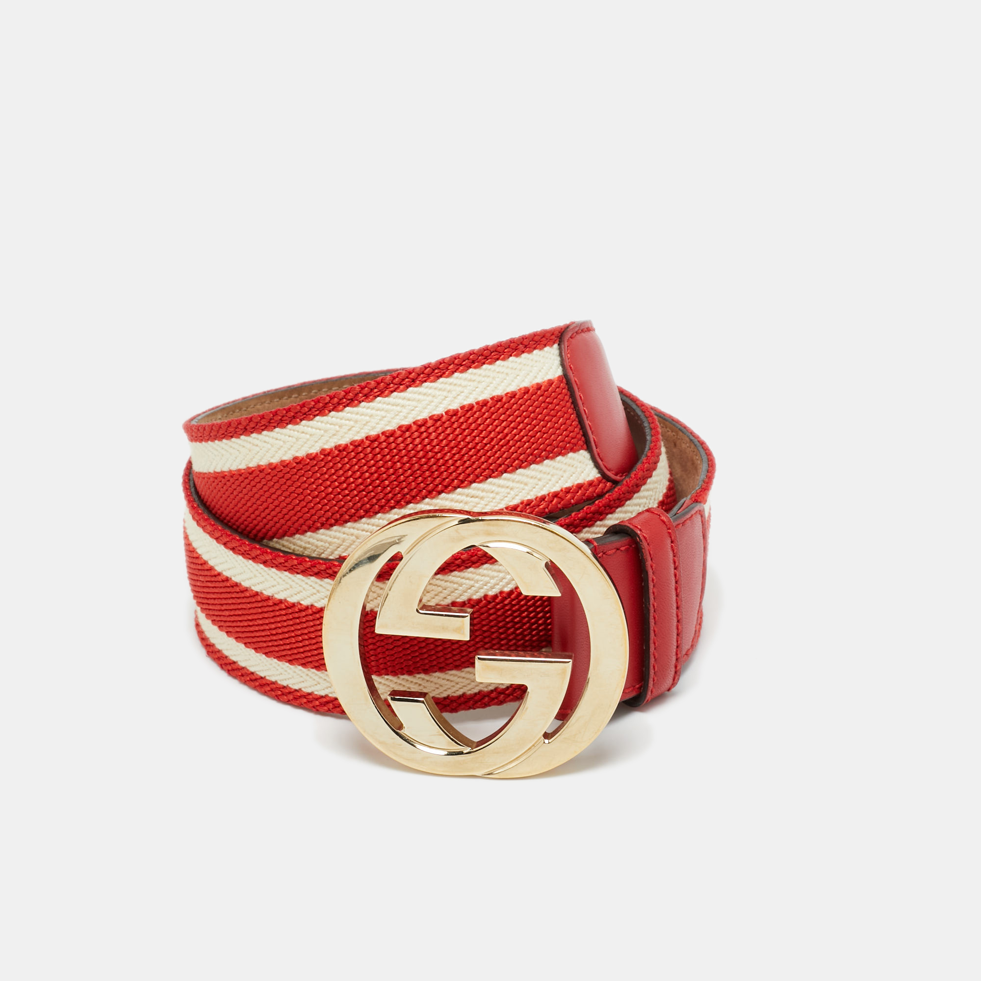 GUCCI Pre-owned Red/white Web Canvas And Leather Interlocking G Buckle Belt 85cm