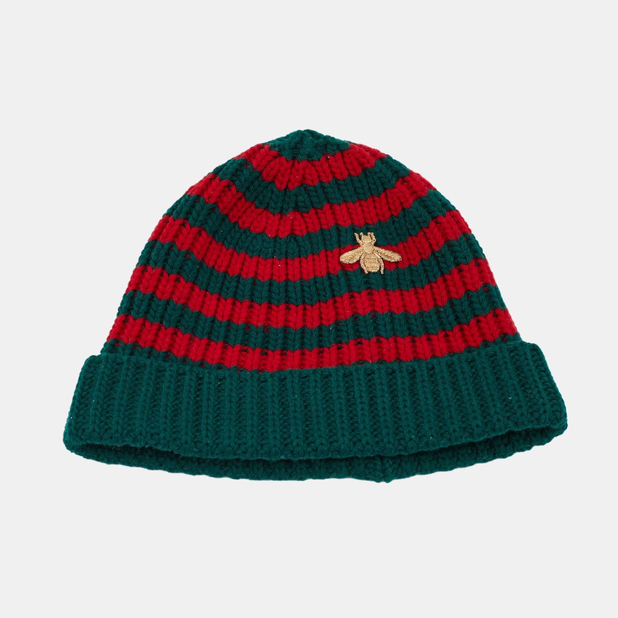 GUCCI Pre-owned Green/red Striped Rib Knit Bee Applique Beanie L