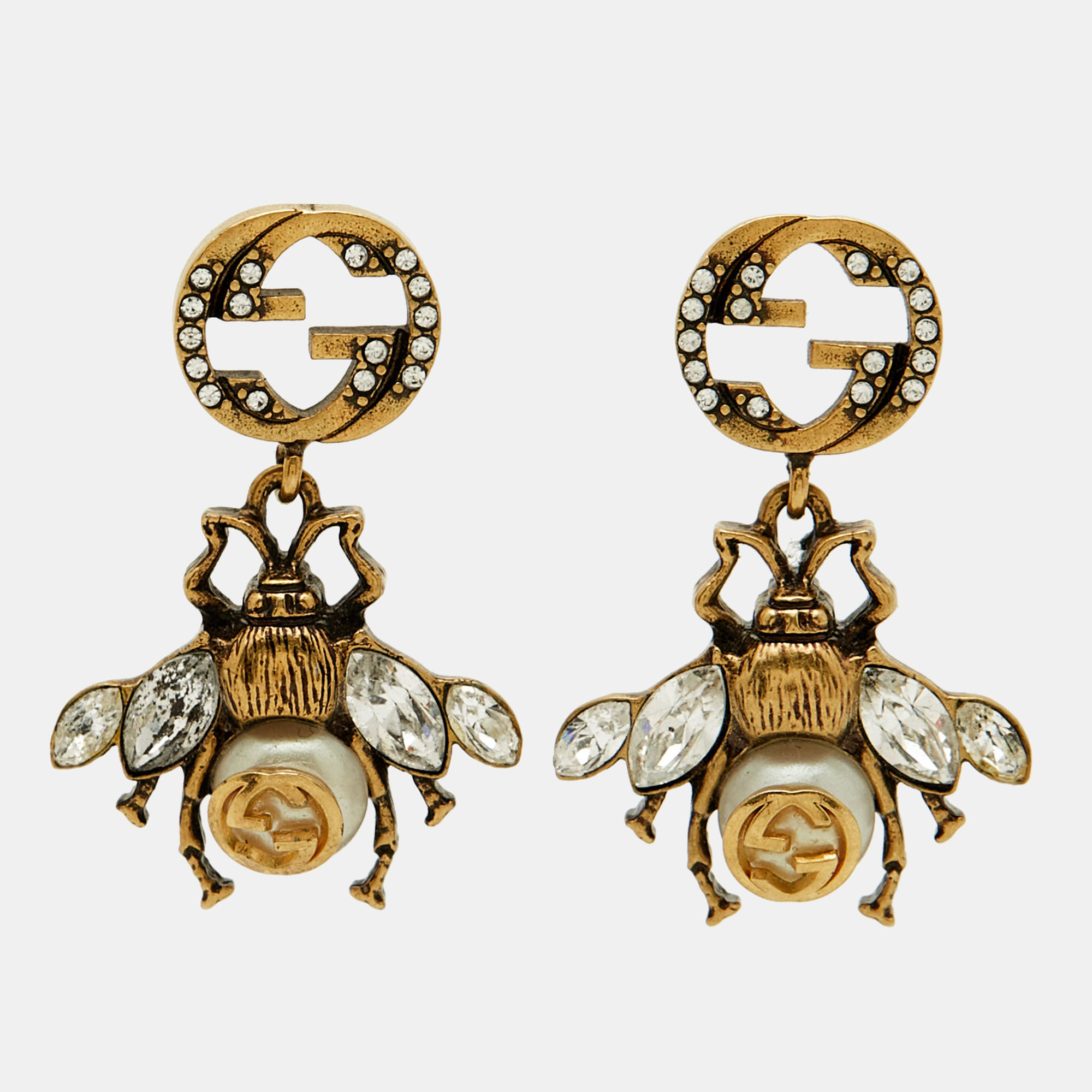

Gucci GG Bee Faux Pearl Crystals Gold Tone Earrings