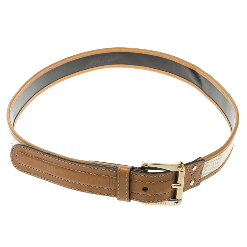 Pre Owned Gucci Tan/Off White Canvas and Leather Trim Belt 90cm