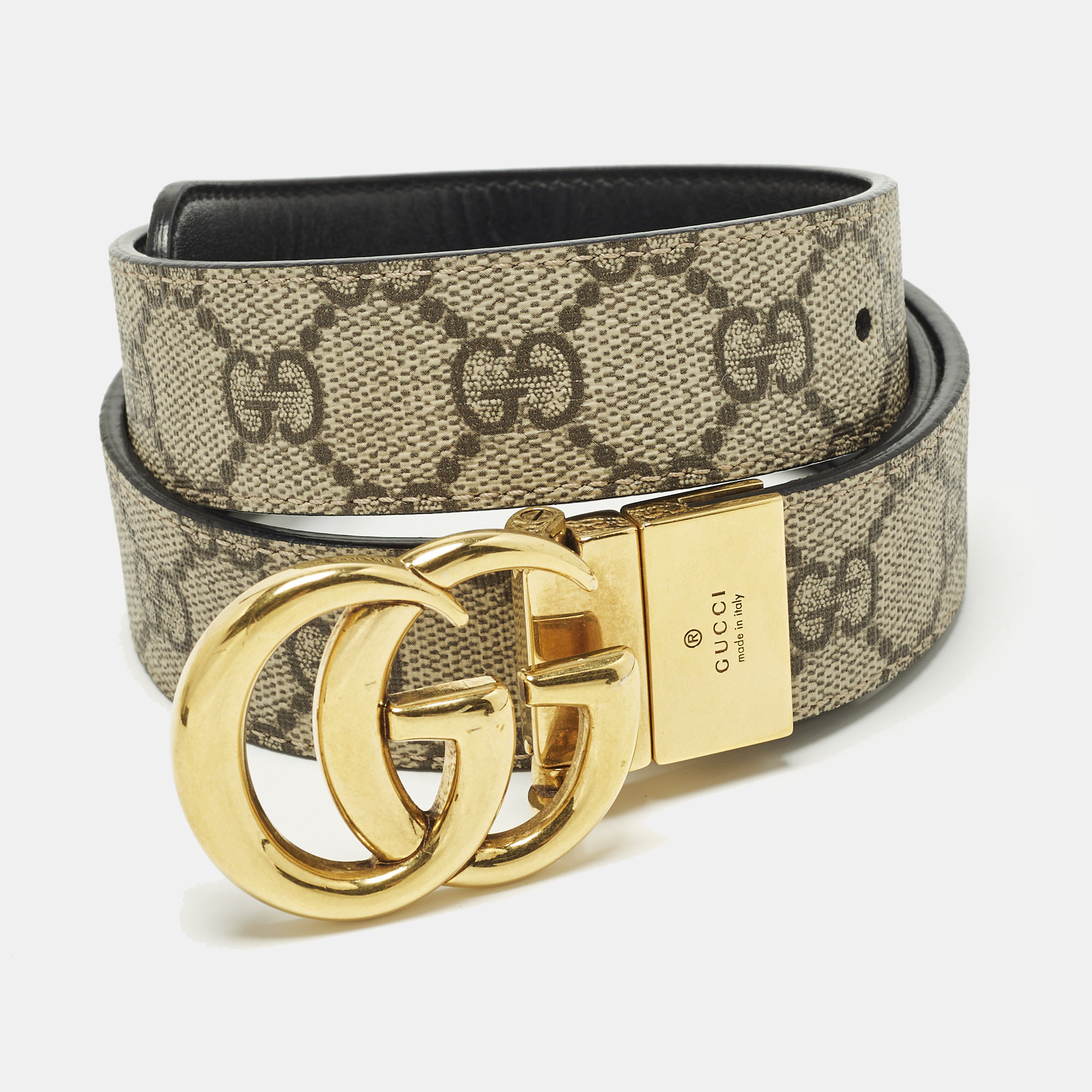 

Gucci GG Marmont  Reversible Buckle Belt Beige/Black GG Supreme Canvas and Leather