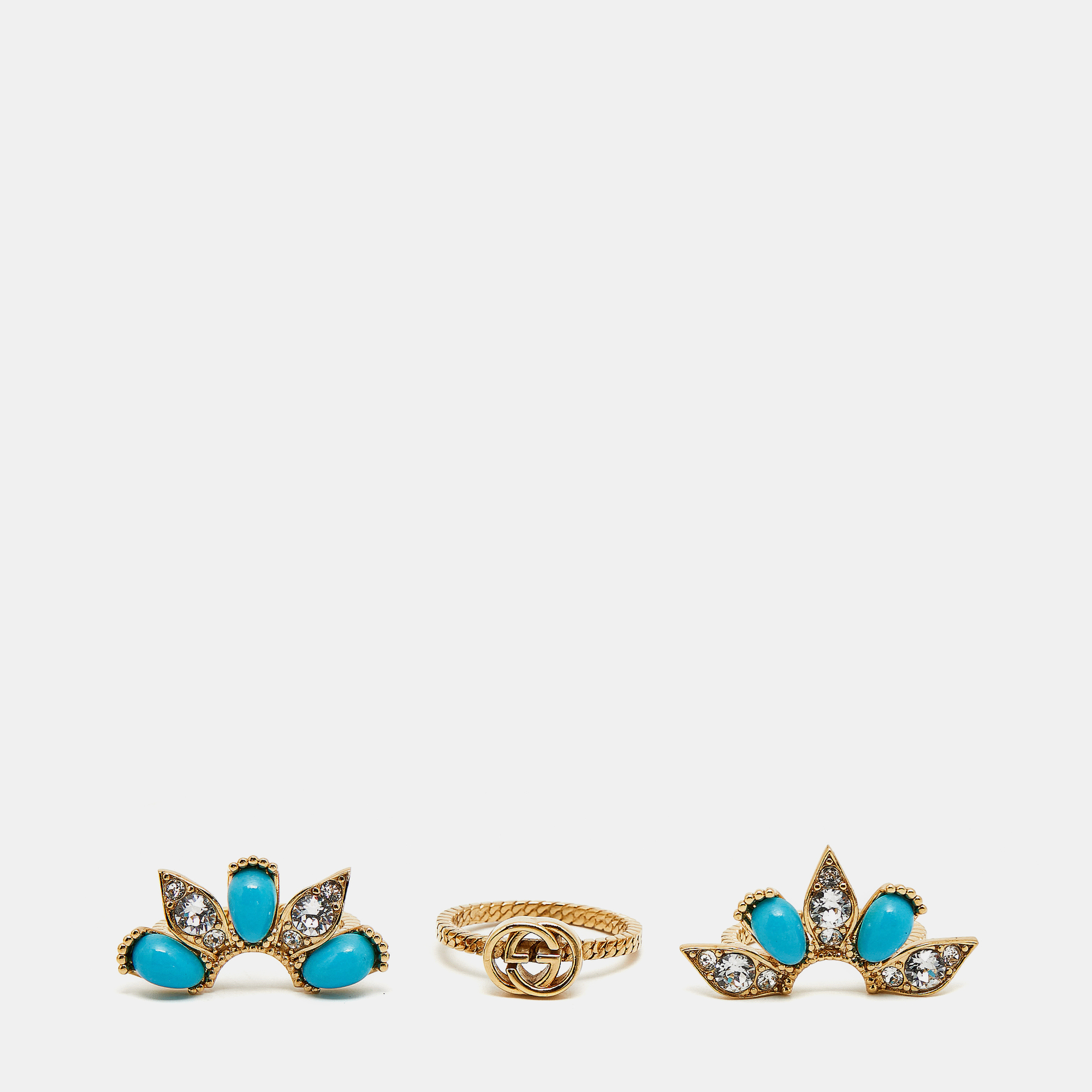 

Gucci Interlocking G Flower Resin Crystals Gold Tone Set of 3 Rings