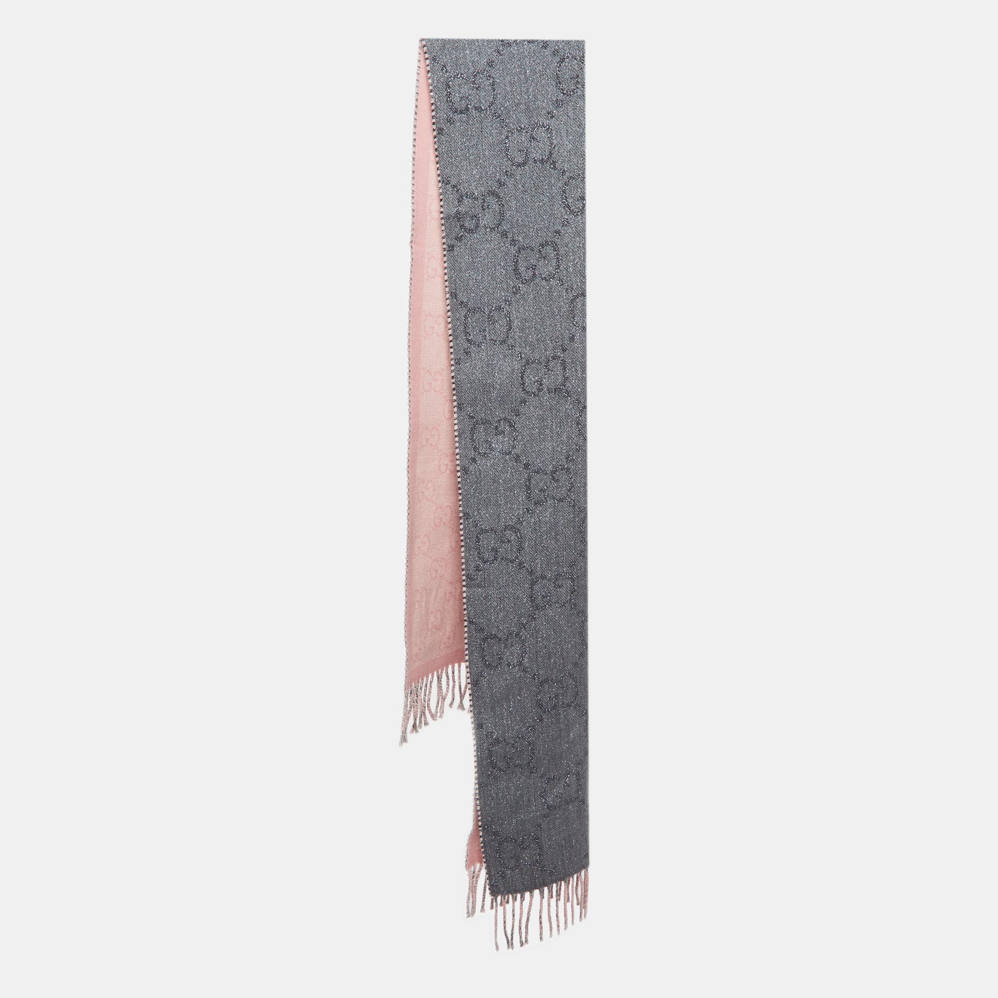 

Gucci Lurex Grey & Pink Logo Jacquard Wool Fringed Scarf