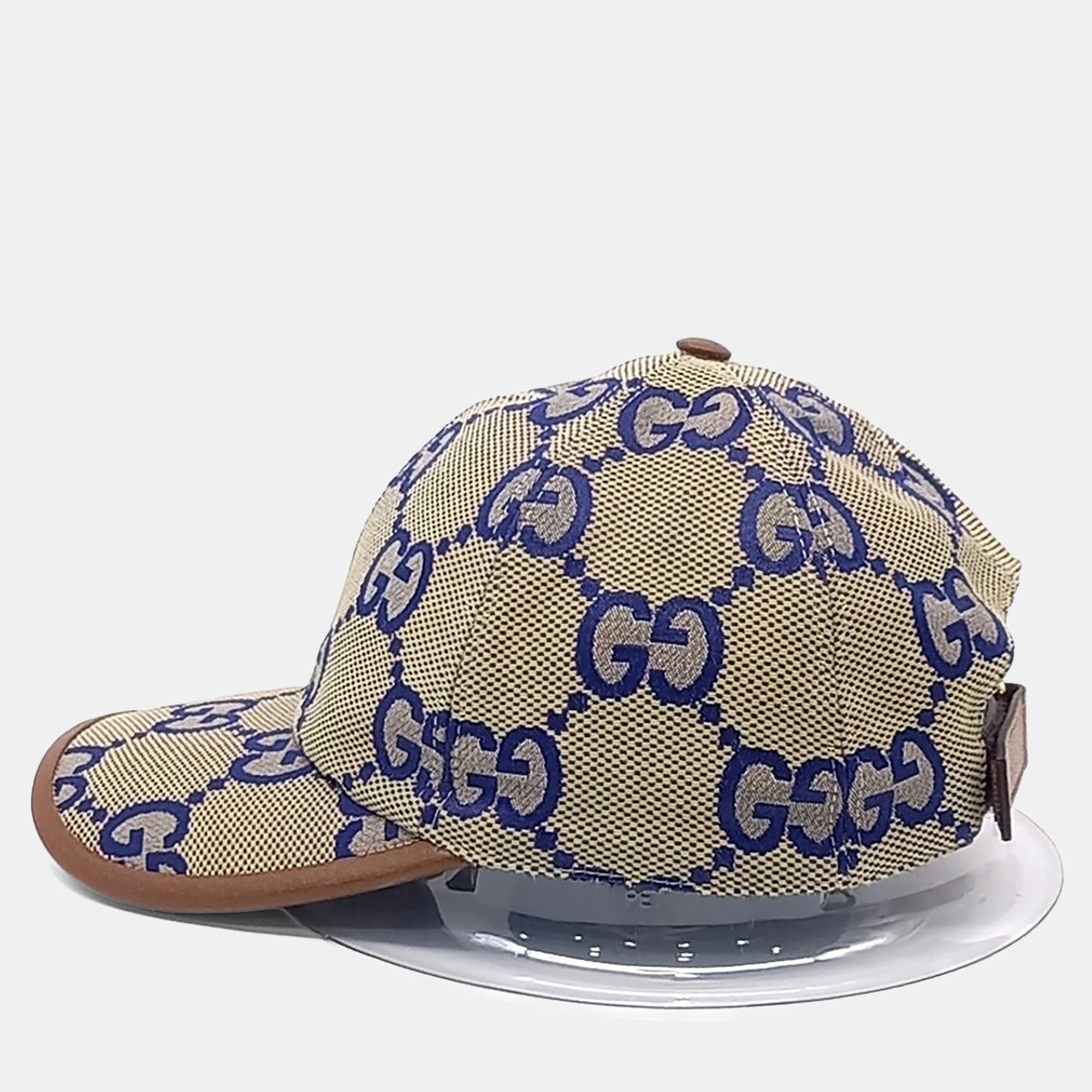 Pre-owned Gucci Fabric Beige Navy Jumbo Gg Cap In Sand