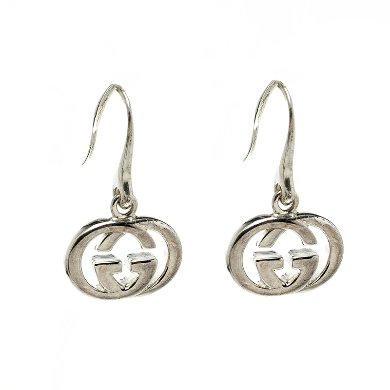 Gucci GG Logo Silver Hook Earrings 