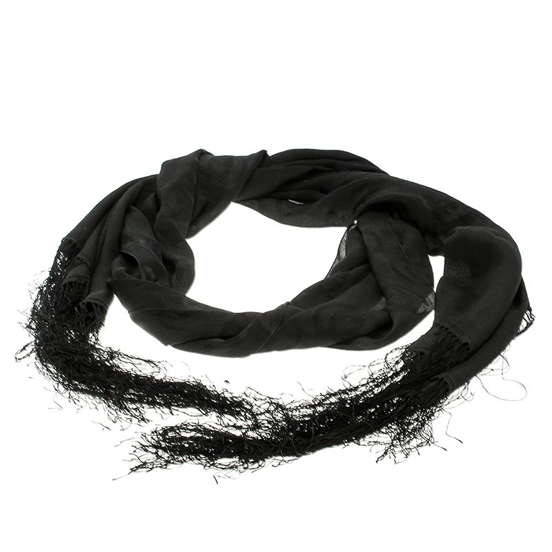 Pre Owned Gucci Black GG Logo Tassled Edge Silk Stole