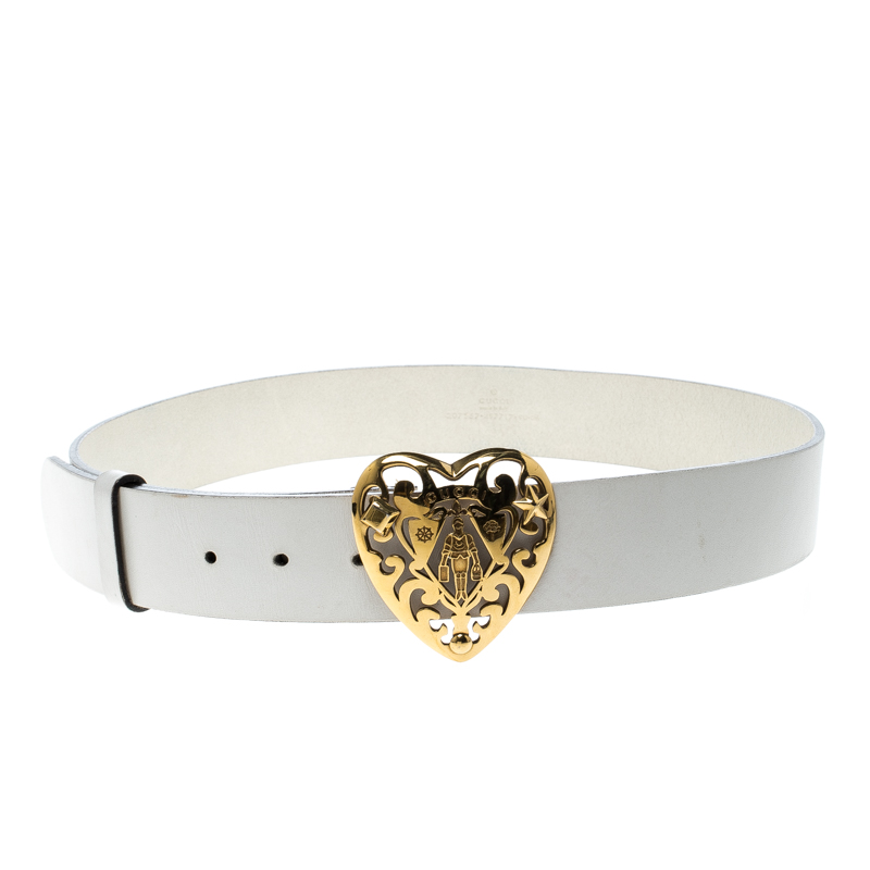 Gucci White Leather Heart Crest Buckle Belt 90cm