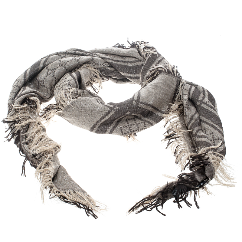 Pre Owned وشاح غوتشي صوف وحرير نمط GG بني وبيج ميتالك