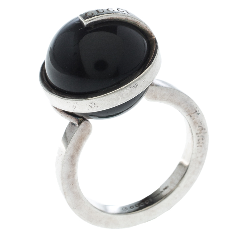 Gucci Onyx G Boule Silver Ring Size 54 