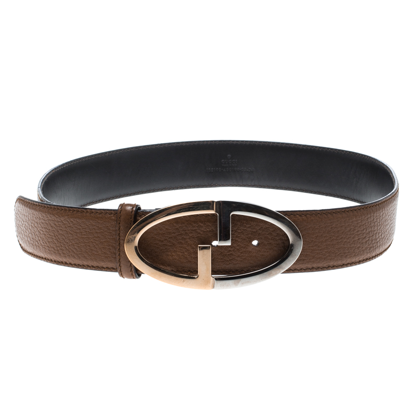 Pre Owned Gucci Brown Pebbled Leather GG Buckle Belt 85cm