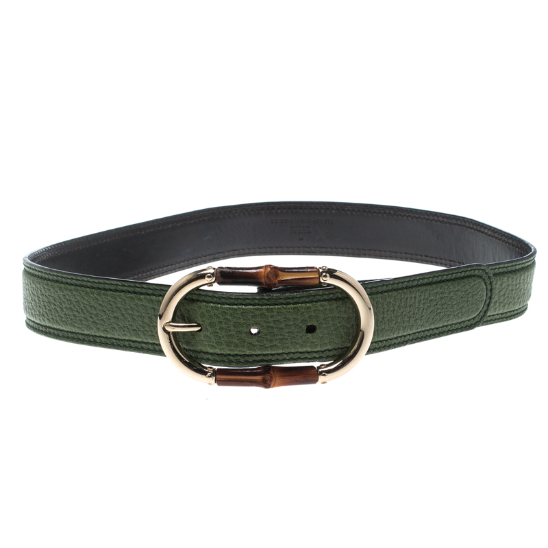 Pre Owned Gucci Green Leather Bamboo Buckle Belt 80cm
