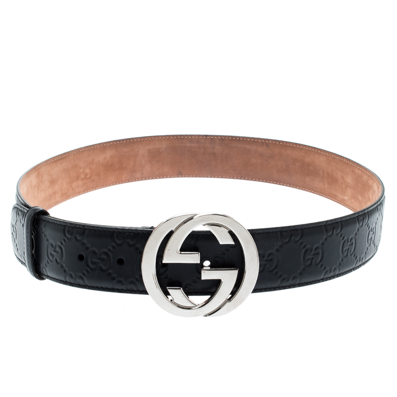Pre Owned Gucci Black Guccissima Leather Interlocking GG Buckle Belt 85CM