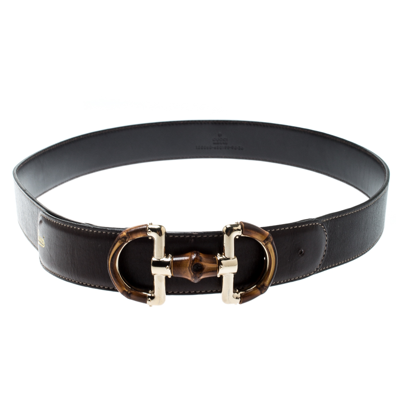 Gucci Metallic Dark Brown Leather Bamboo Horsebit Buckle Belt 90CM