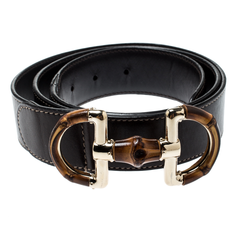 

Gucci Metallic Dark Brown Leather Bamboo Horsebit Buckle Belt