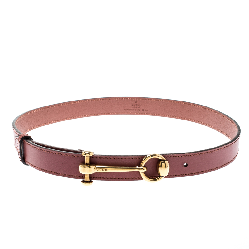 Gucci Burgundy Leather Horsebit Skinny Belt 85CM