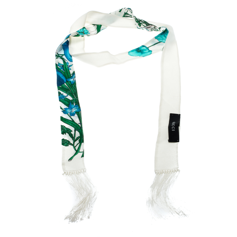 

Gucci Off White Floral Printed Silk Fringed Edge Neck Scarf