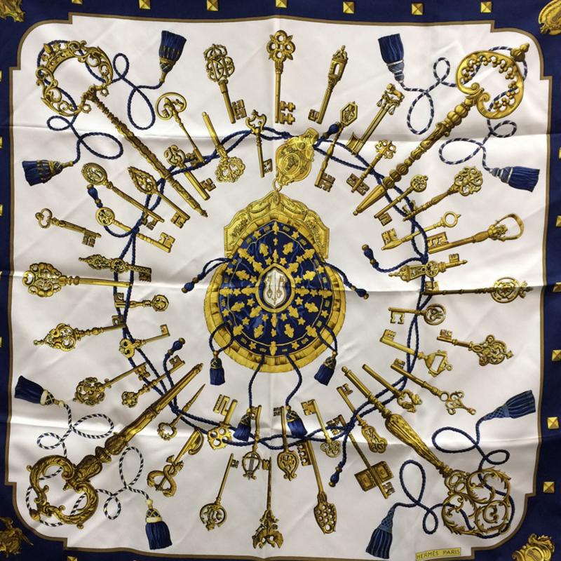 

Hermes Blue Printed Silk Scarf, Navy blue