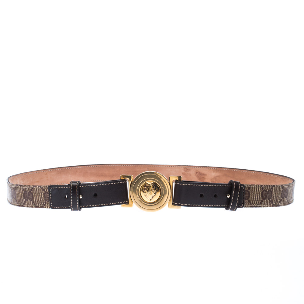 Pre Owned  حزام غوتشي بإبزيم مستدير هيستريا جلد وكانفاس سوبريم GG بني / بيج 95 سم